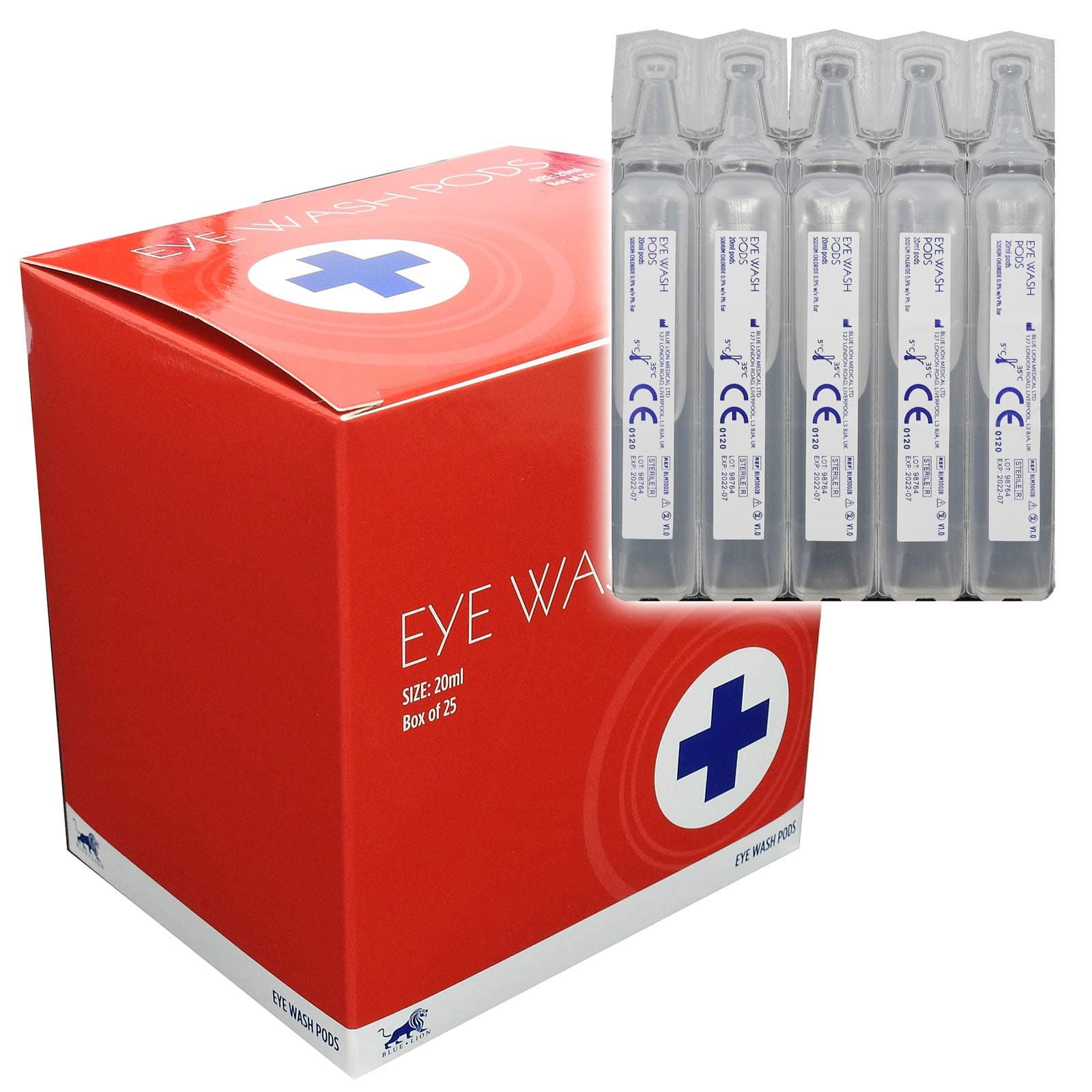 1 Box, 25x 20ml Blue Lion Sterile Saline Sodium Chloride Emergency Eye Wash Pods