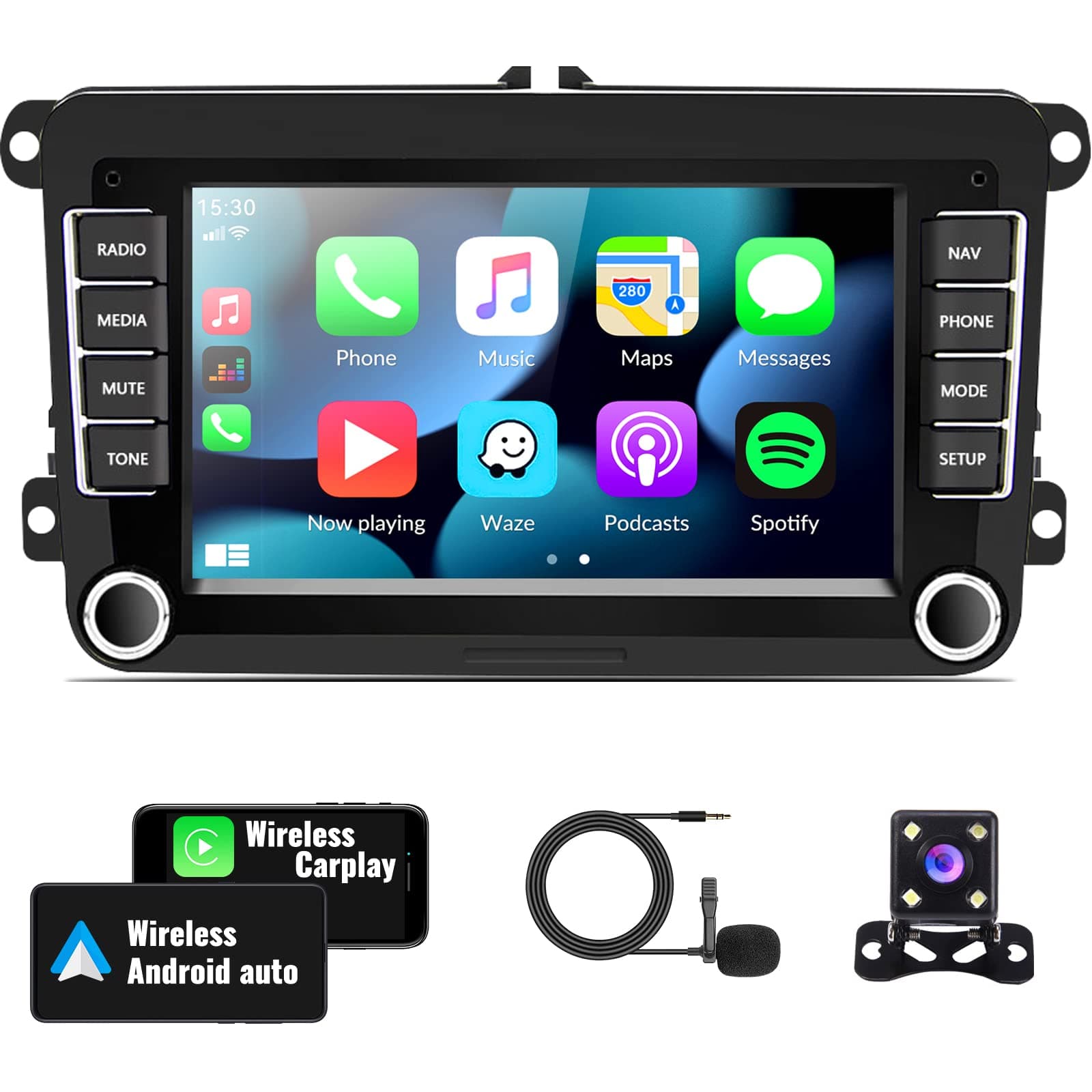 2G+64G Android Car Stereo for VW Volkswagen Seat Golf Passat Jetta Beetle Tiguan Touran EOS 7” Double Din Touchscreen Bluetooth Radio with CarPlay Android Auto GPS Navigation WiFi FM Backup Camera MIC