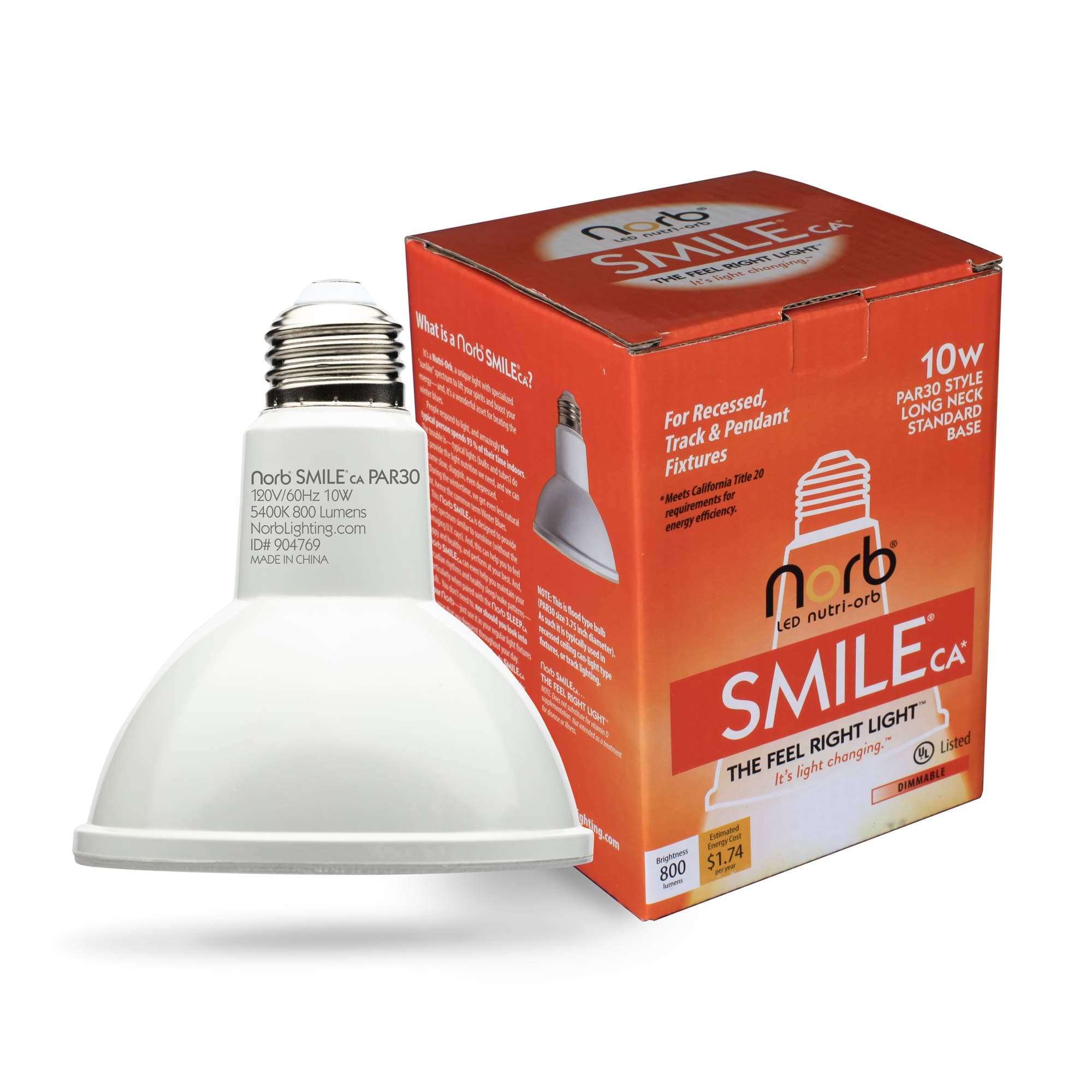 NorbSMILE Full Spectrum Sun Light Bulb - CA California Energy Compliant, Par 30 Long Neck, 10W LED Flood Style Light Bulb, Natural Sunlike Spectrum Imitates Sunlight Indoors, Patented (1-Pack)