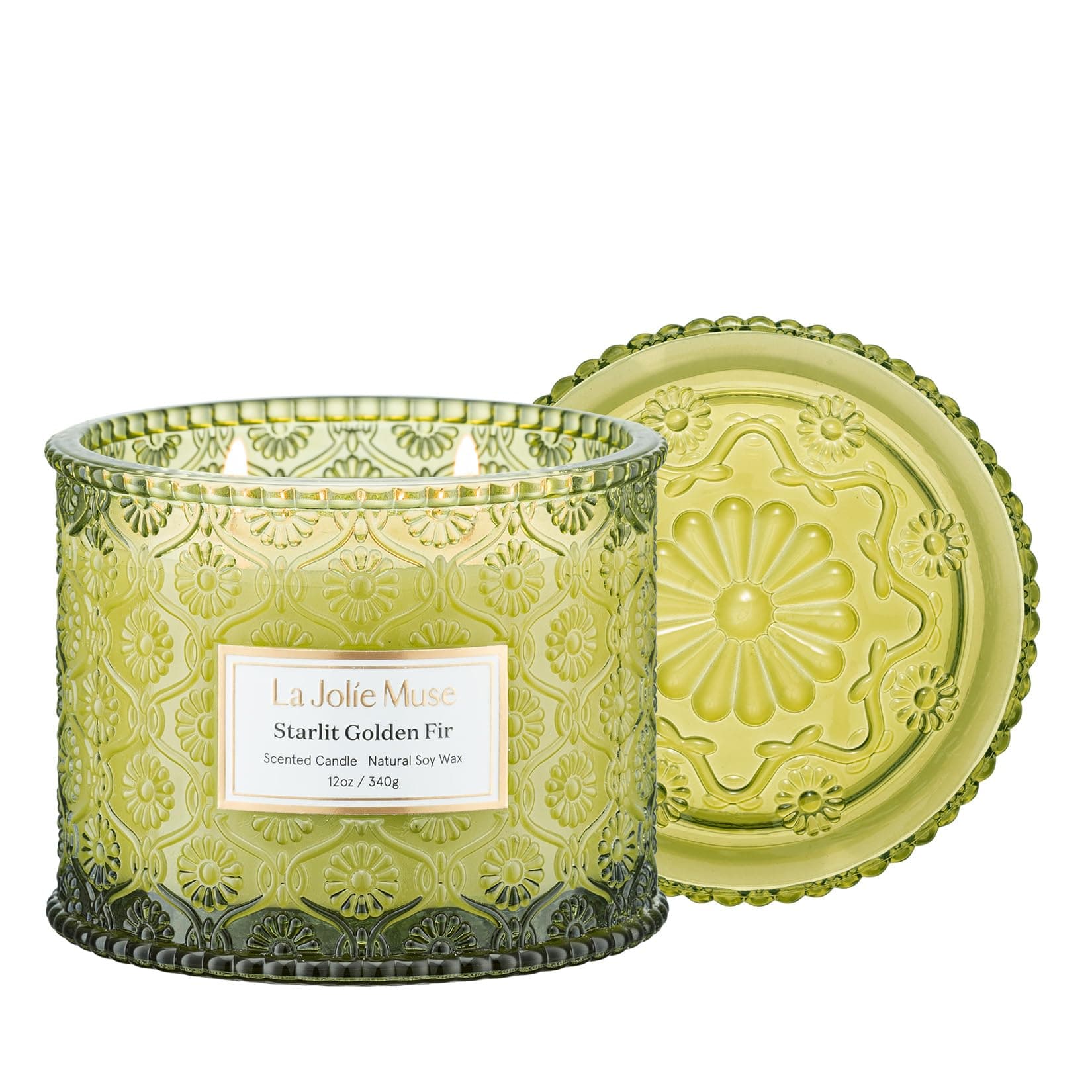 LA JOLIE MUSE Starlit Golden Fir Candle - Cedarwood, Patchouli, Fir Balsam | 12 oz Large 2-Wick Soy Wax Candle | 60 Hours Clean Burn | Balsam and Fir Candle | Gift-Ready for Hosts & Gatherings