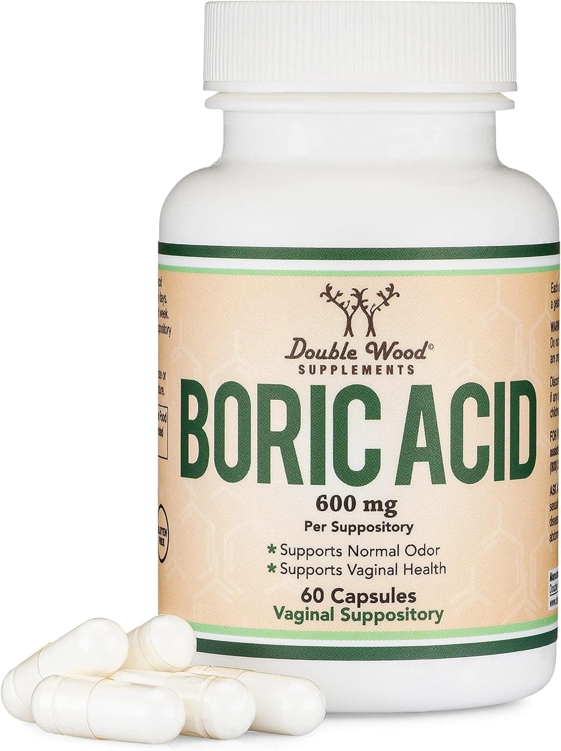 Boric Acid Suppositories (600mg Vaginal Suppository, 60 Count) Supports Vaginal pH Balance, Odor Control (USP Medical Grade Fine Powder, Easy Dissolve, Third Party Tested, Made in USA) by Double Wood