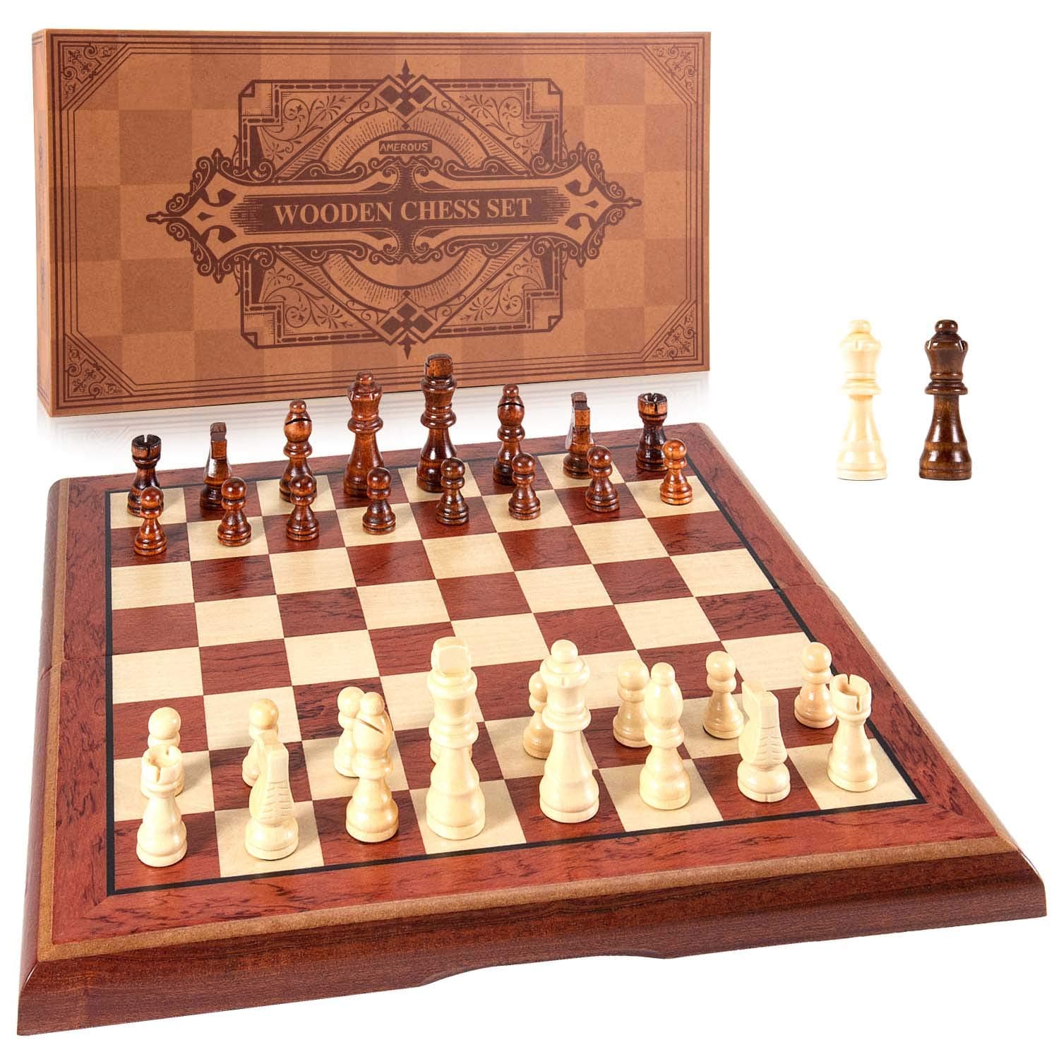 15'' Magnetic Wooden Chess Set -Folding Board -2 Extra Queens -Chessmen Storage Slots -Gift Package, Travel Chess Board Game Sets for Kids and Adults