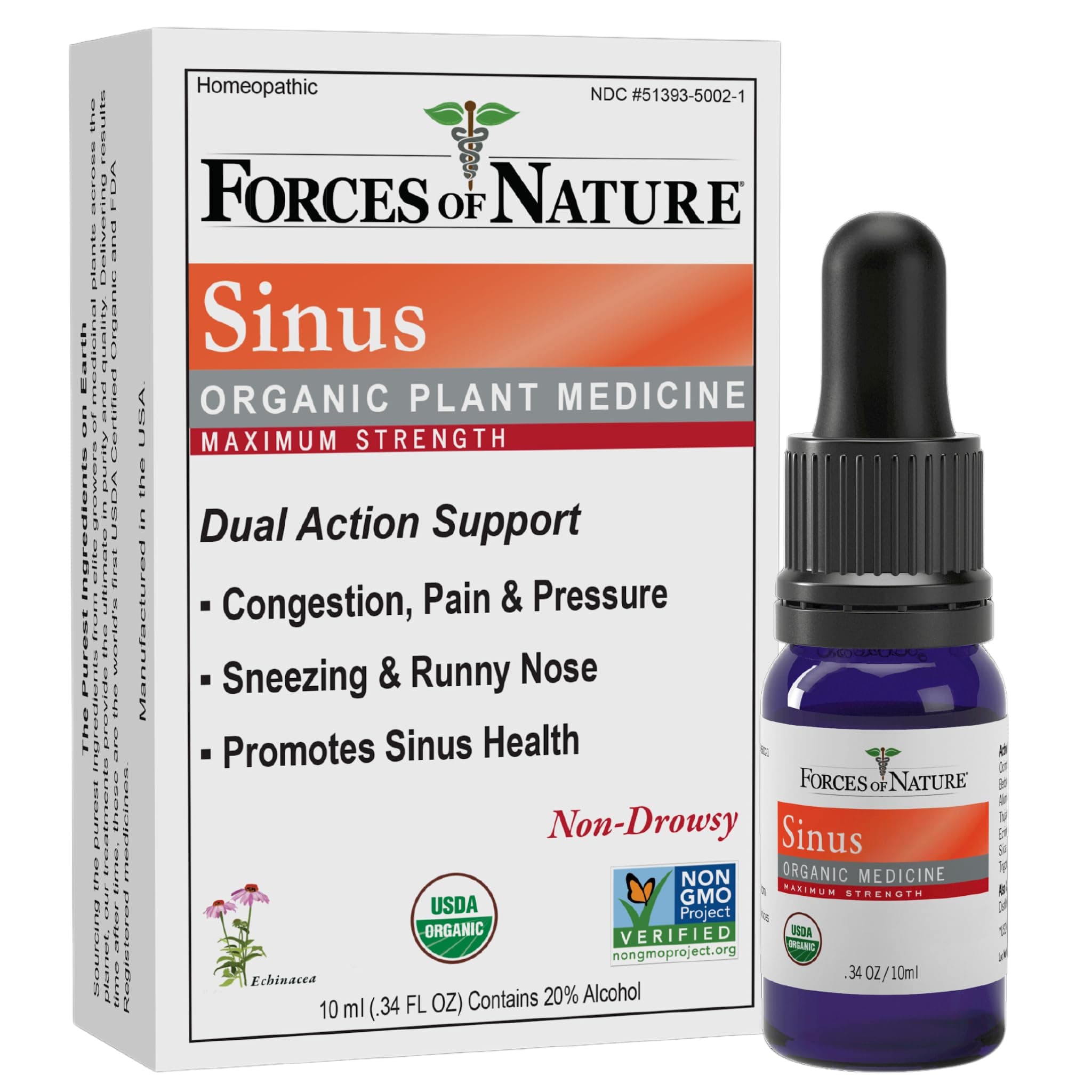 Forces of Nature Sinus Relief Nasal Decongestant, Organic Maximum Strength Homeopathic Medicine, Immune Support & Relief from Congestion, Sinus Pressure, Sneezing, Runny Nose, Non-Drowsy, 10ml