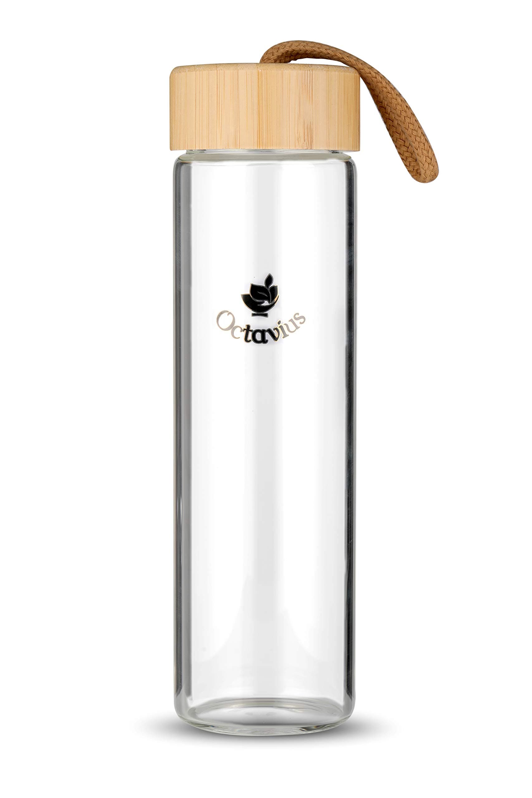 Octavius Clear Glass Bottle | Leak Proof, Airtight Bamboo Lid with Carrying Loop | Food Grade Glass | 600 ml | Set of 1