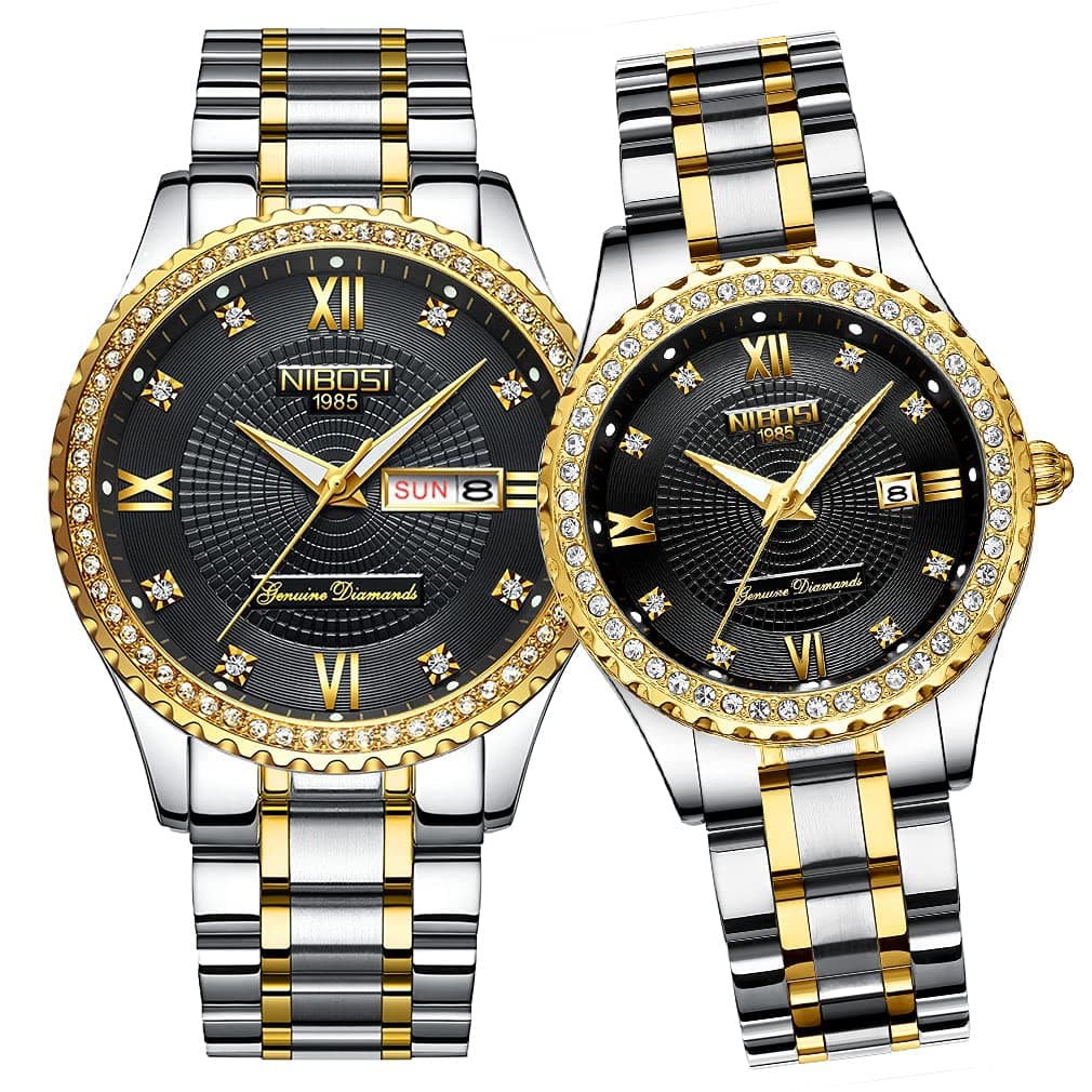 NIBOSI Watches for Couples Diamond Luxury Men and Women His and Hers Pair Watch Set Husband Wife Valentines Matching Wrist Watch Wedding Gifts Day Date Waterproof Quartz Analog