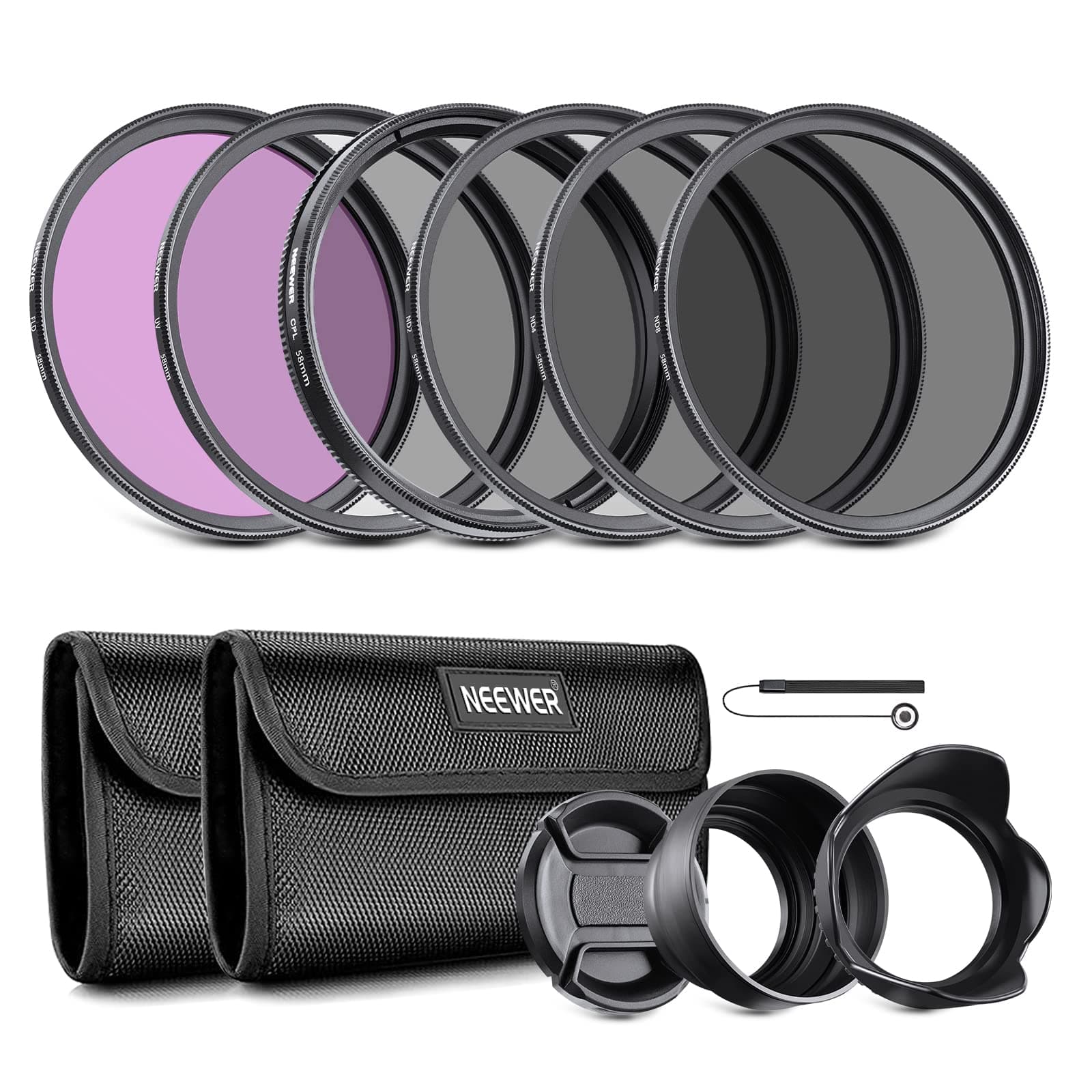 NEEWER 58mm ND Lens Filter Kit: UV, CPL, FLD, ND2, ND4, ND8, Lens Hood and Lens Cap Compatible with Canon Nikon Sony Panasonic DSLR Cameras with 58mm Lens
