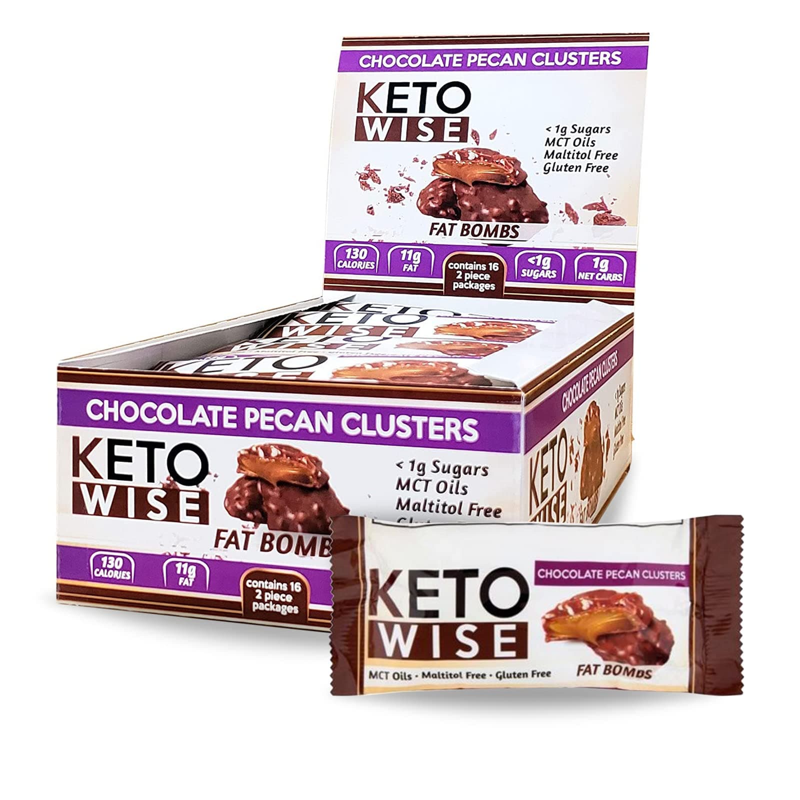 Keto Wise Fat Bombs Pecan Clusters, 16Count Box, 18 Ounce , Chocolate Pecan Clusters, 18 Ounce