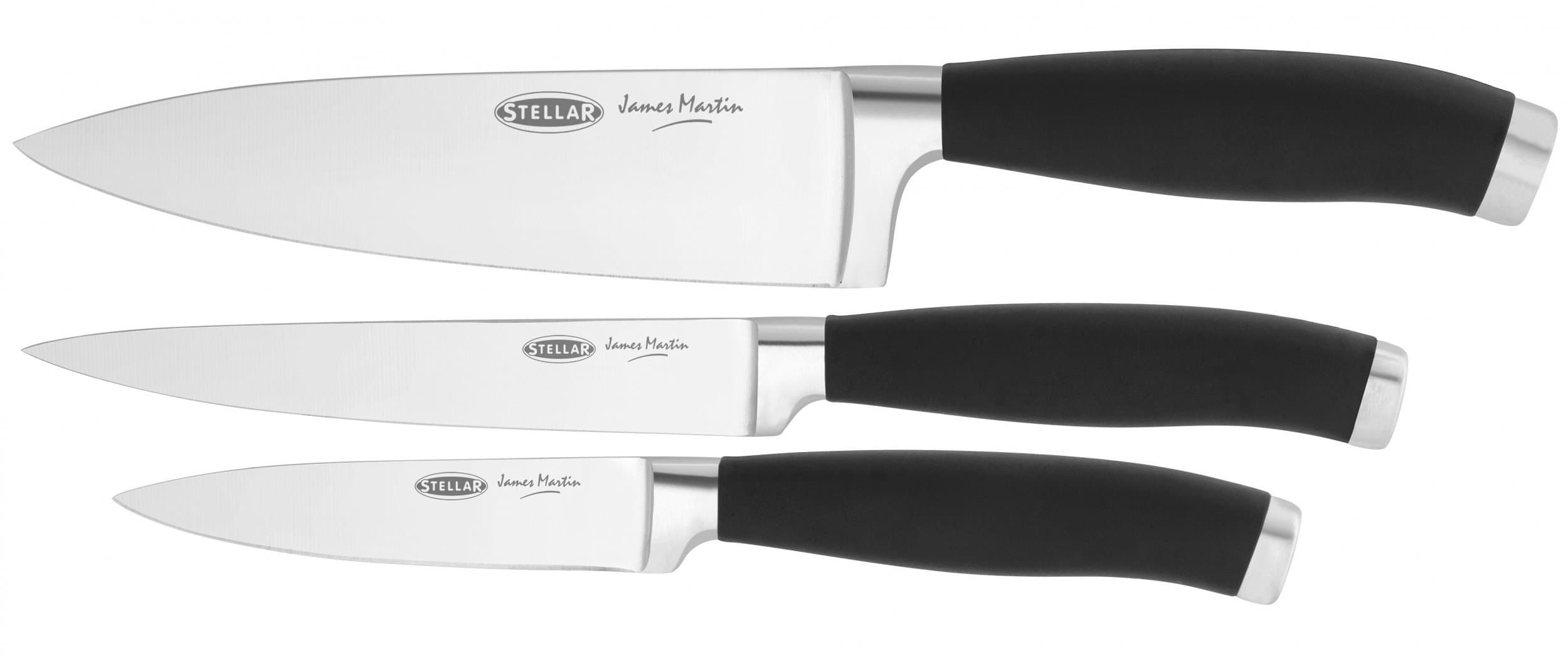 Stellar James Martin Kitchen Knife Set Block Carbon Stainless Steel, Razor Sharp Blades, Anti-Slip Handles (Set of 3 Cook's Knives)