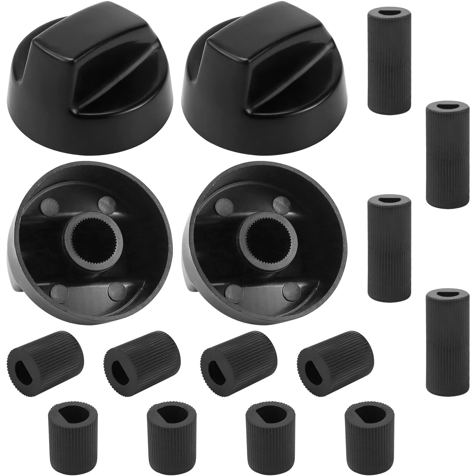 AMI PARTS Universal Oven Knobs - 4 Black Stove Control Knobs & 12 Adapters (4 Long, 8 Short) - Compatible with Most Gas & Electric Ranges & Ovens - Universal Stove Knobs- 90-Day Guarantee