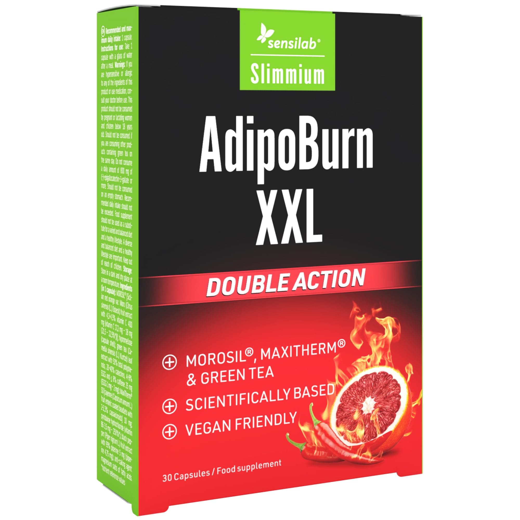 Morosil, Green Tea, Vitamin C, Vitamin B6, Cayenne Pepper and Caffeine - 30 Capsules for 30 Days - AdipoBurn XXL - Sensilab