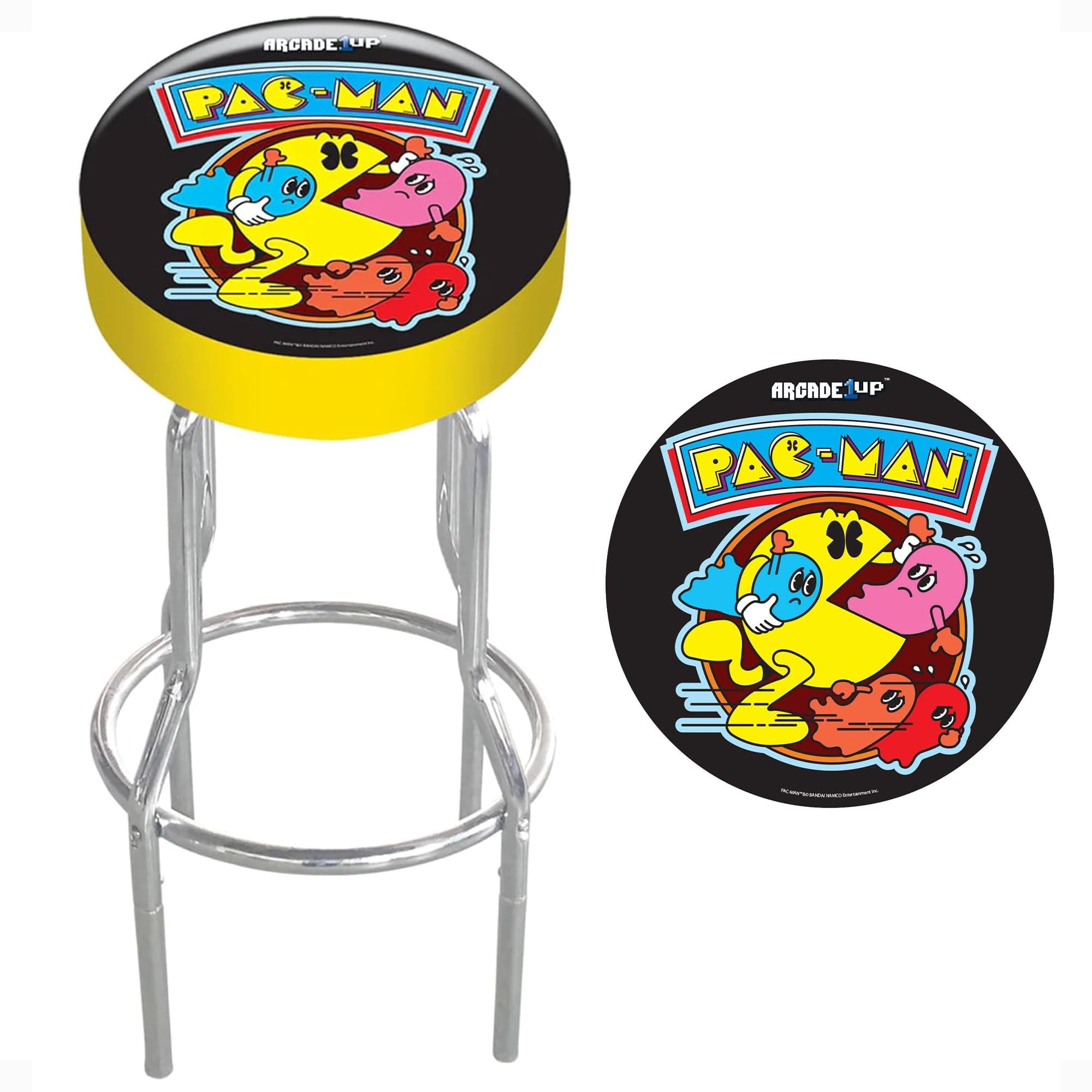 Arcade1Up Adjustable Padded Arcade Game Stool, Steel Frame, Pac-Man, 21.5" to 29.5"- with Leg Extenders, Padded Seat, and Chrome Steel Finish for Home