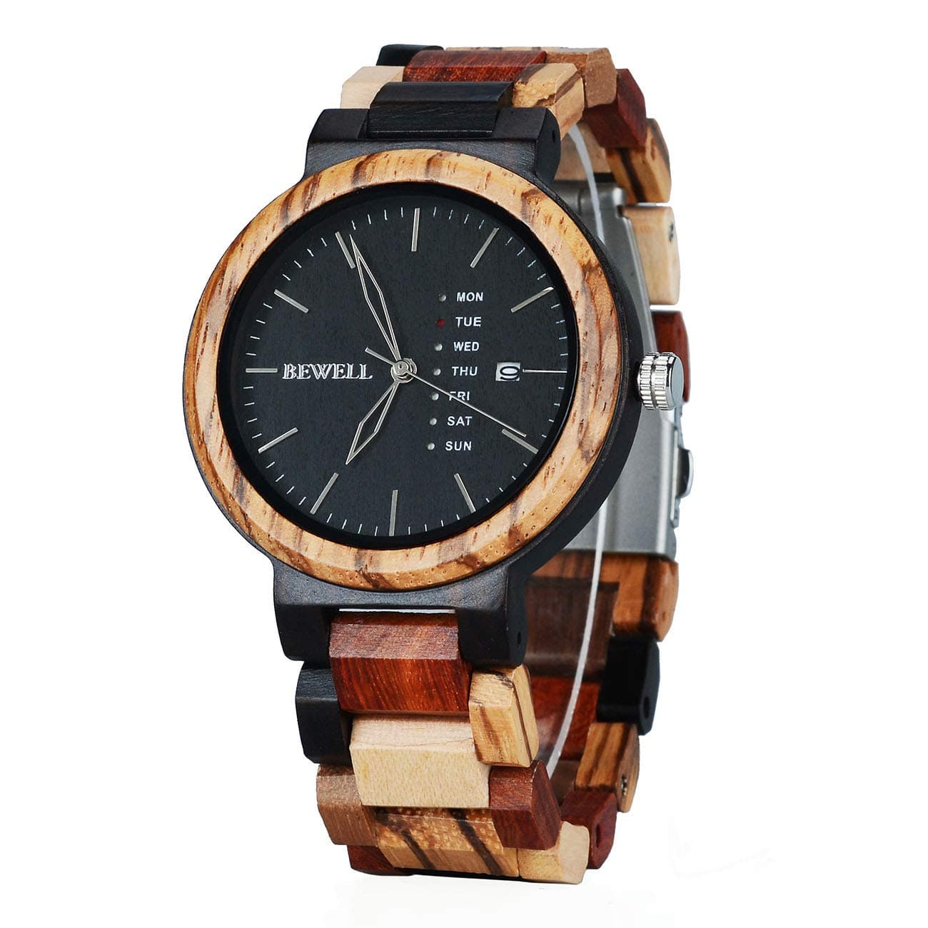BEWELL Men's Colorful Wooden Watch Multifunction Day & Date Quartz Mix Wooden Wrist Watch Light Weight, Mixed Color Wood, Retro