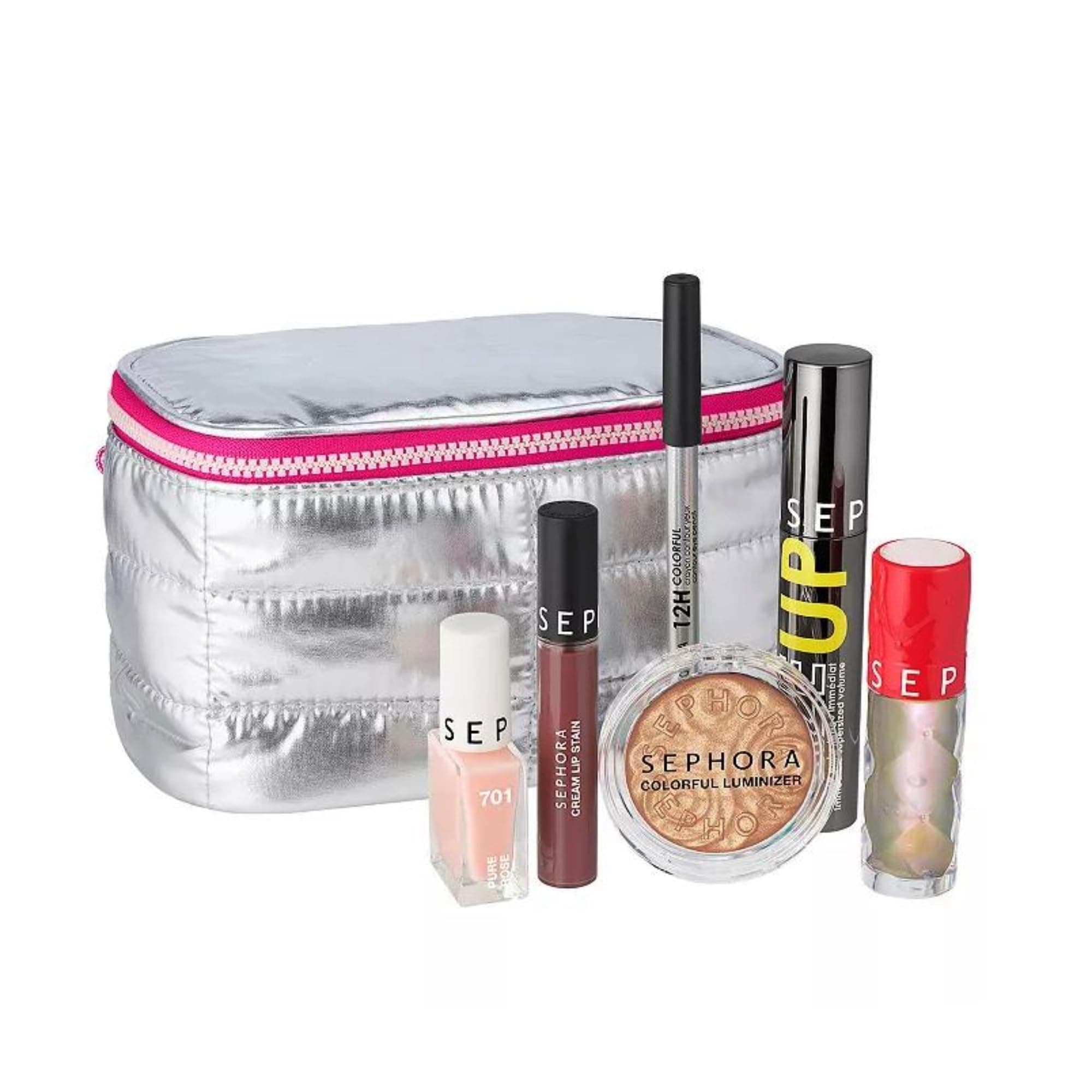Favorites Moving Lights Collection Makeup Mania Set - 6 Full Size Must-Haves - Luminizer - Lip Stain - Eye Pencil - Mascara - Lip Plumper and Nail Polish