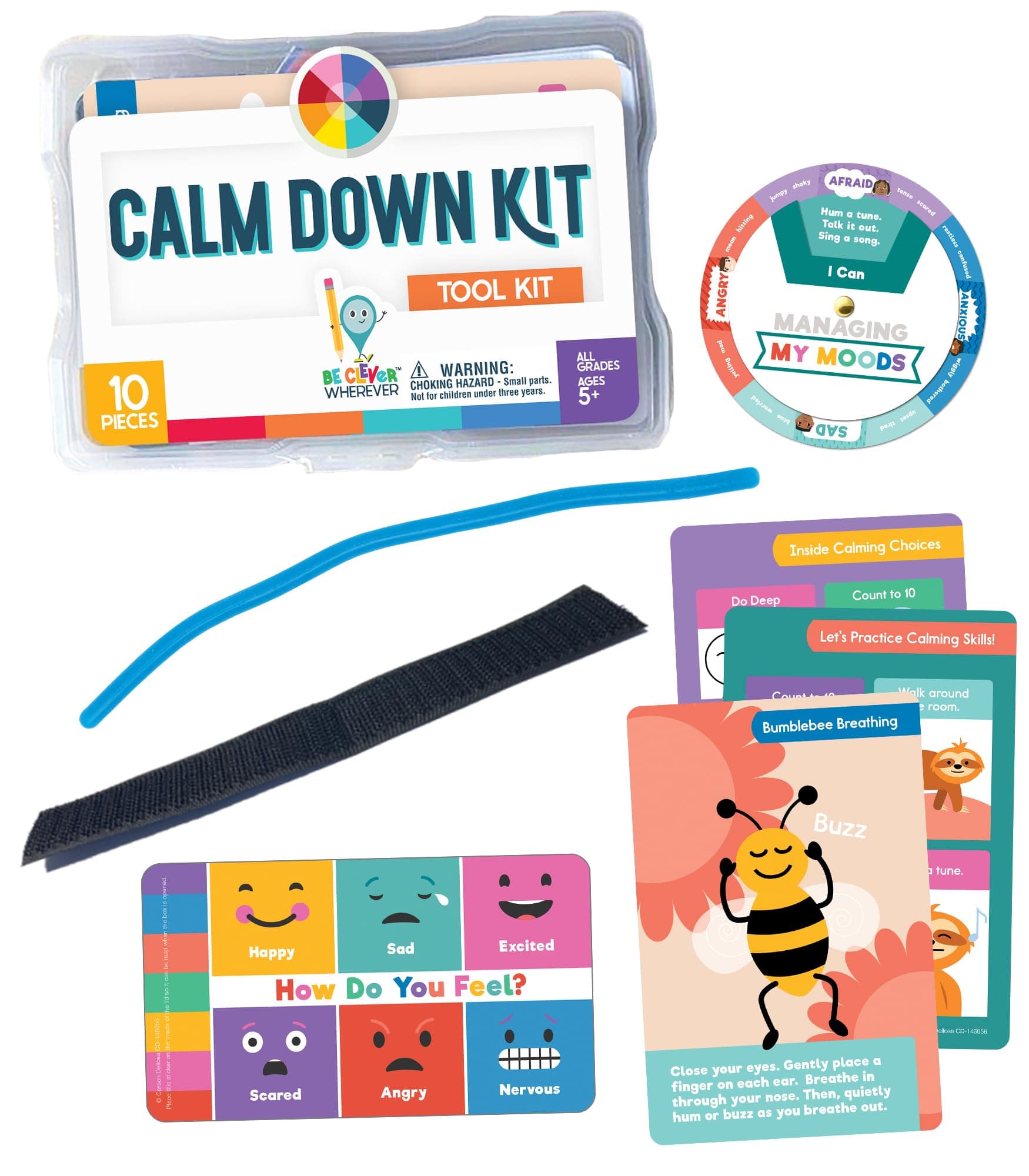 Carson Dellosa Education Be Clever Wherever 10-Piece Classroom Calm Down Tool Kit for Anxiety Relief, Calm Down Corner Supplies, Emotional Regulation Tools for Kids With Fidget Toys, Mindfulness Cards