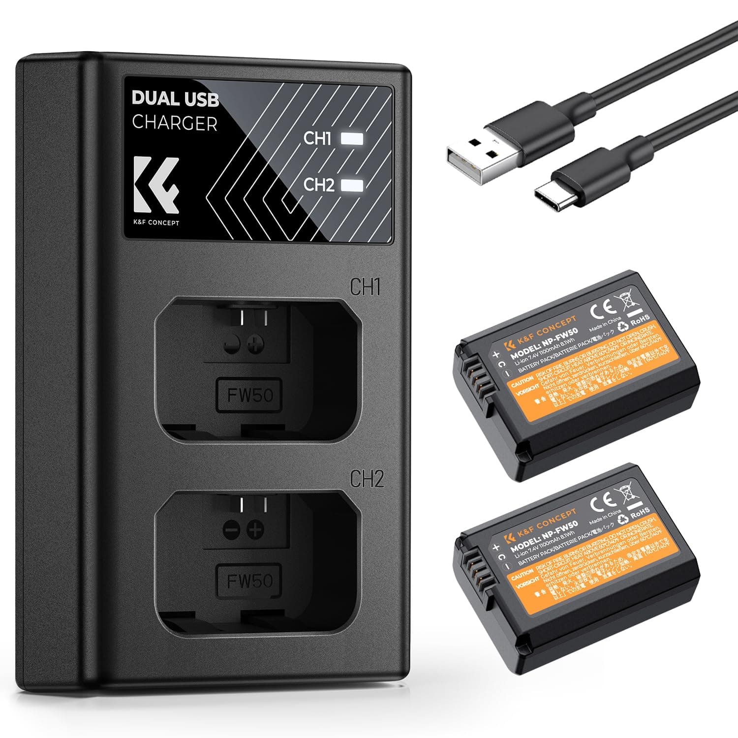 K&F CONCEPT NP-FW50 Battery and Dual Slot Charger for Sony ZV-E10 A6500 A6400 A6300 A6000 A7 A7II A7RII A7SII A7S A7R A7R2 NEX-3 NEX-5 Cameras