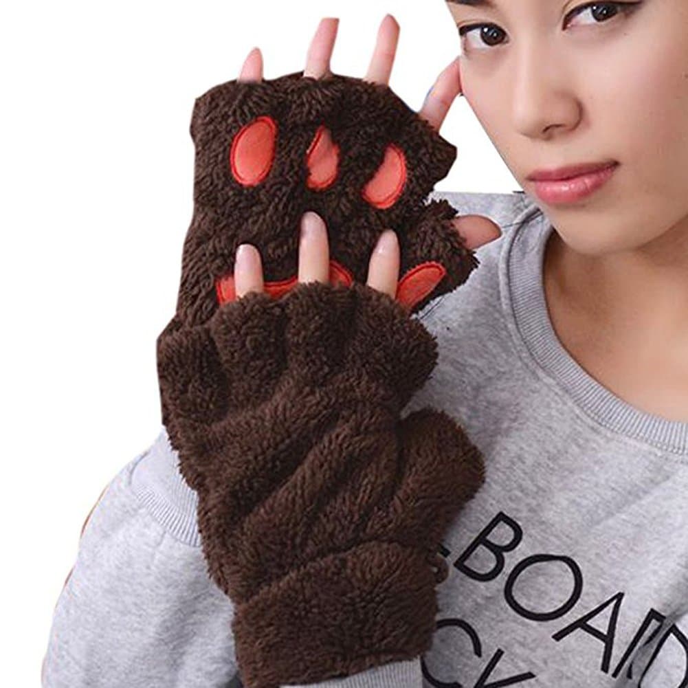 Women Bear Plush Cat Paw Half-Cover Fingerless Gloves Soft Thick Winter Mittens (Brown)