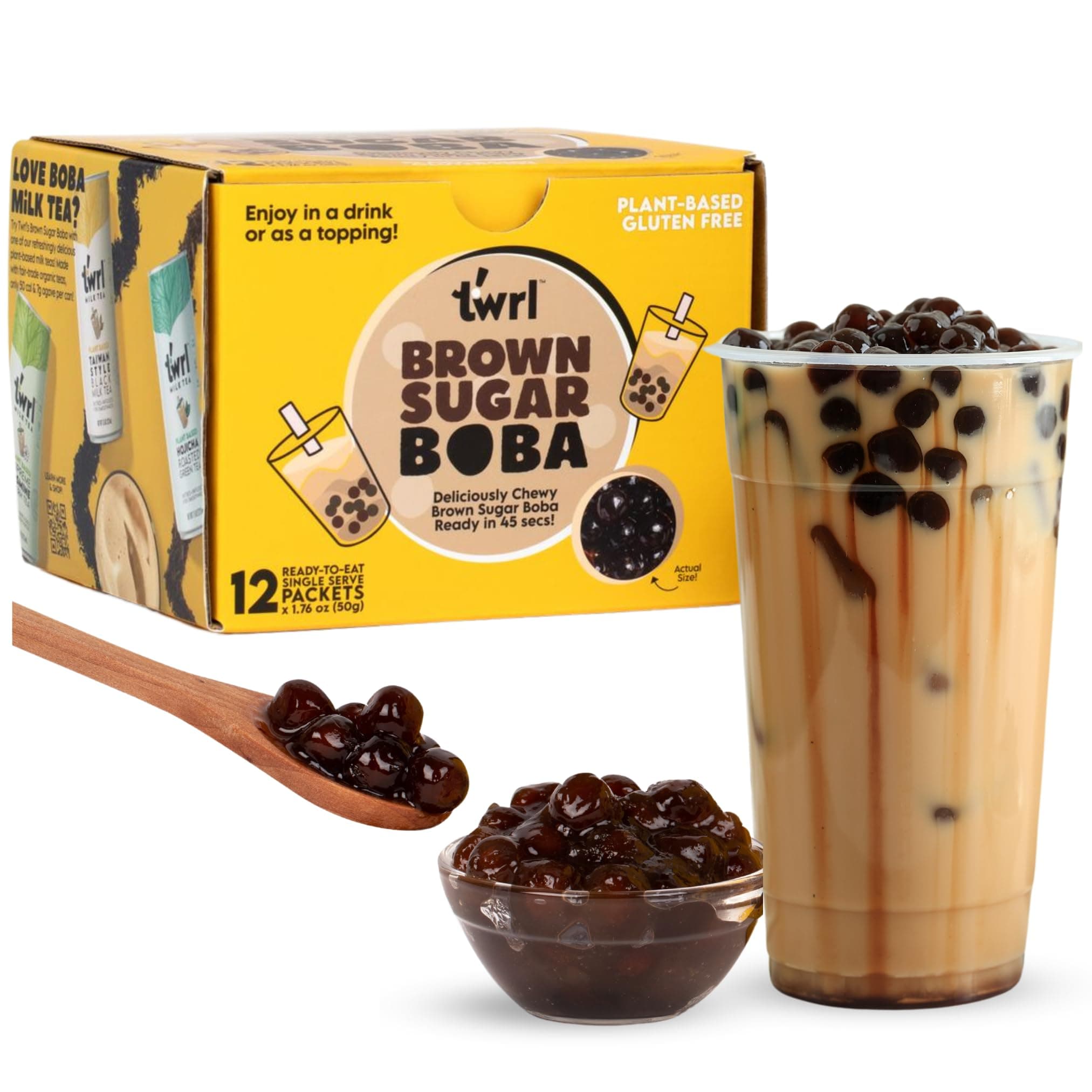 Twrl Brown Sugar Boba Bubble Tea Toppings - Taiwanese Boba Pearls, Cafe-Style Tapioca Milk Tea Topping, Instant - Perfect for Milk Teas and Coffee, Gluten-Free, Plant-Based - Pack of 12 Single Servings