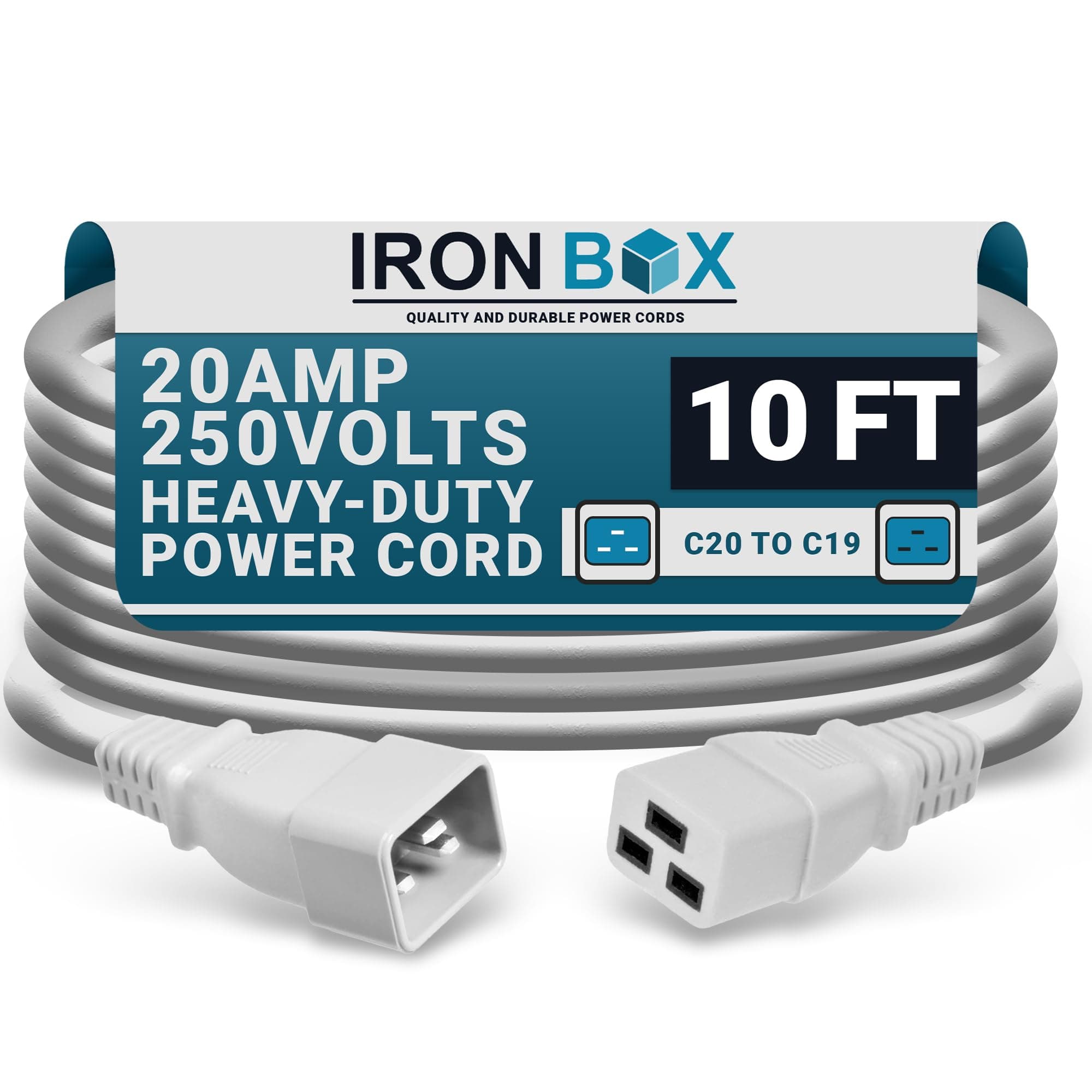 IronBox Electric - Heavy-Duty C20 to C19 Power Cord - 20A/250V Rated, 12/3 SJT IEC 60320 Equipment to PDU Cable - Male End C20 Plug/Female End C19 Connector - UL Listed Power Cable -(White,10 Foot)