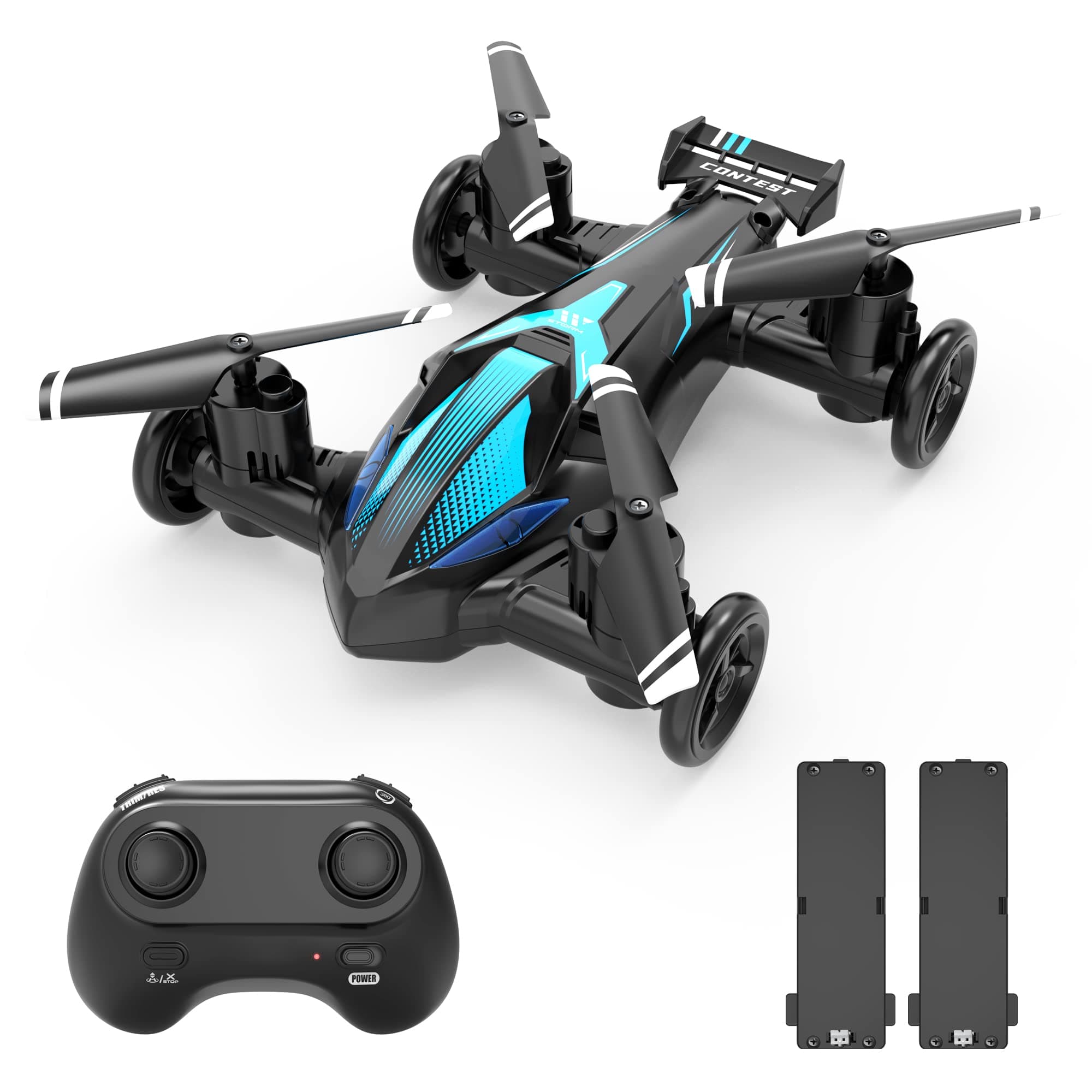 XCRCFUN Drone Flying Cars Quadcopter Gift Toy, Air-Ground Dual Mode Switch, Remote Control Car and RC Drone with 360°Rolling, Speed Switch, LED Lights, 2 Batteries