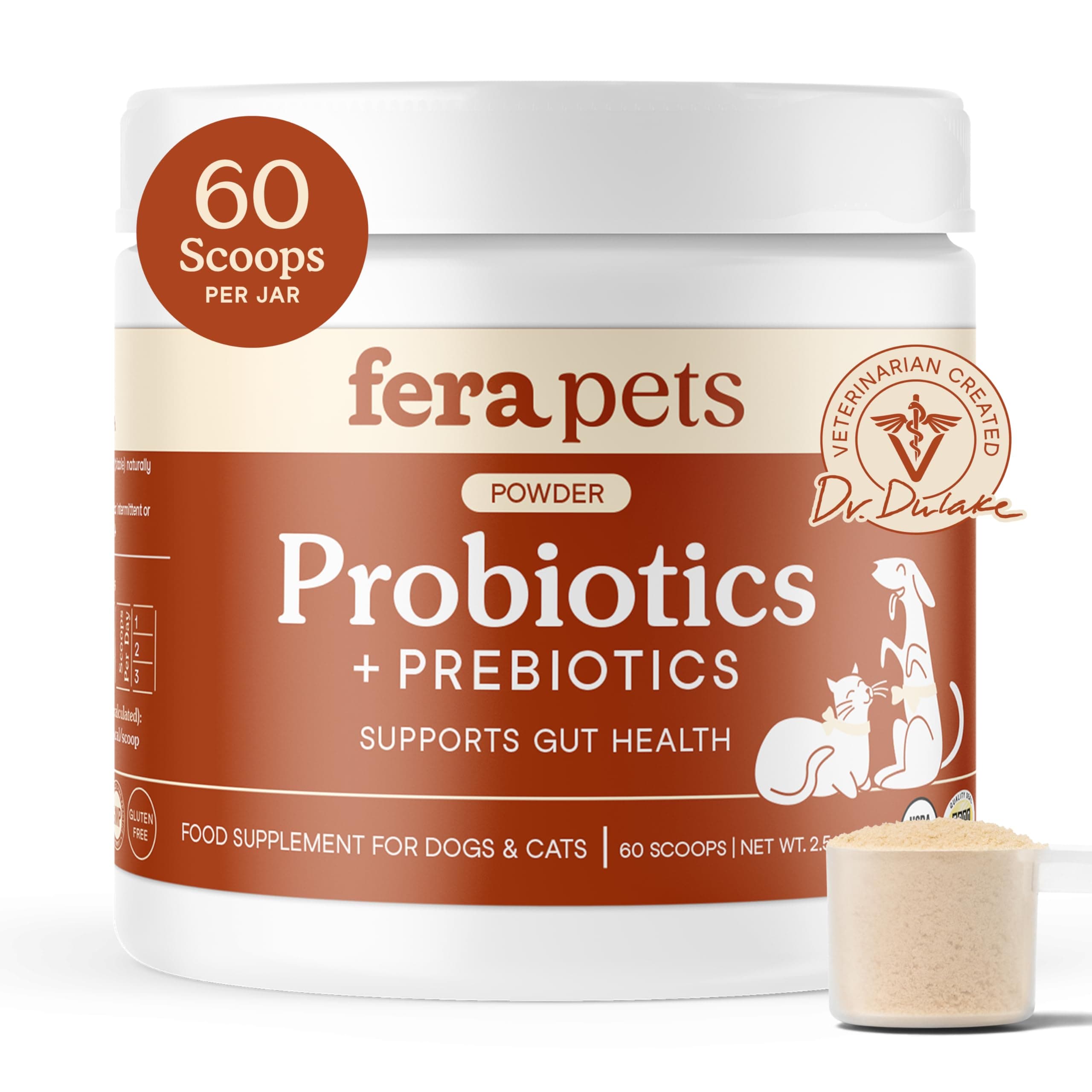 Fera Pet Organics Probiotics for Dogs and Cat Probiotics - Advanced Max-Strength Vet Formulated - All Natural Probiotics Powder - Made in the USA - 5 Billion CFUs Per Scoop