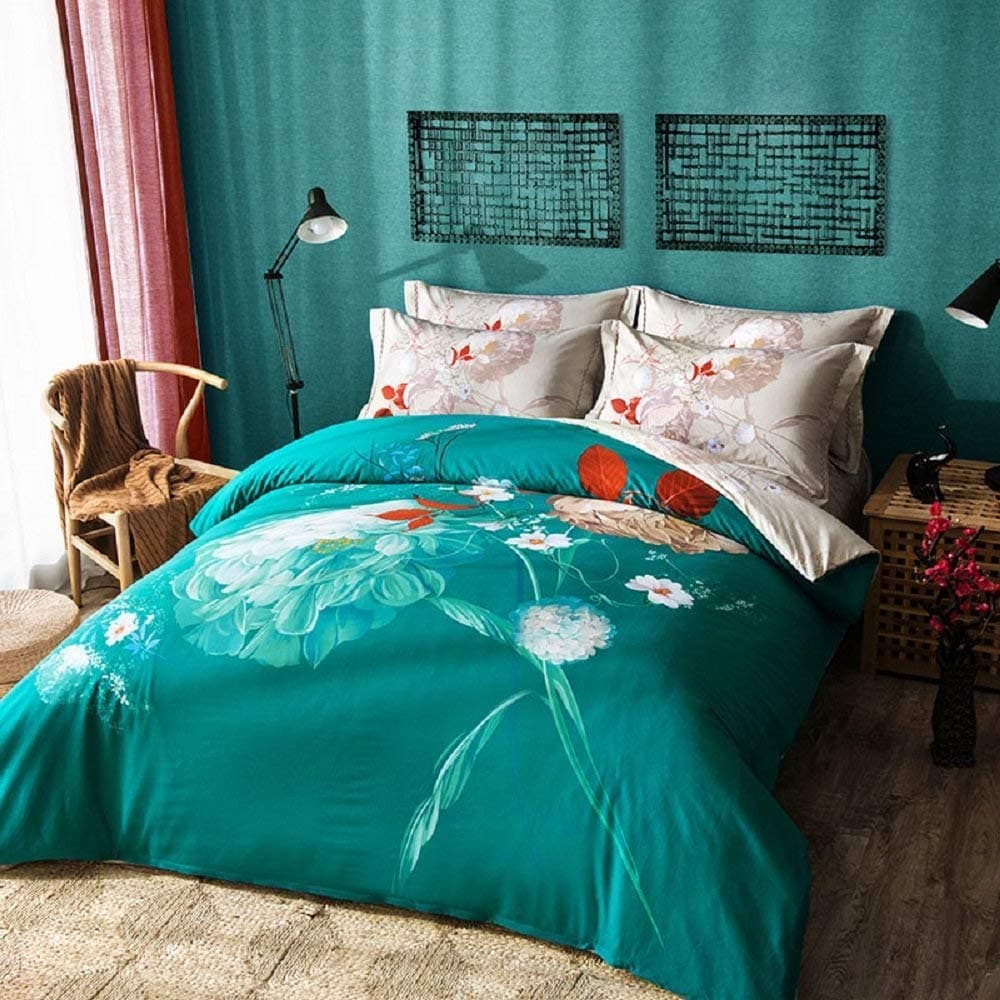 Floral Duvet Cover Set, Queen Size Bedding Set with Additional Flat Sheet 4-Piece Pure Cotton Excellent Feeling Soft Comfortable Bedclothes with Pillowcase