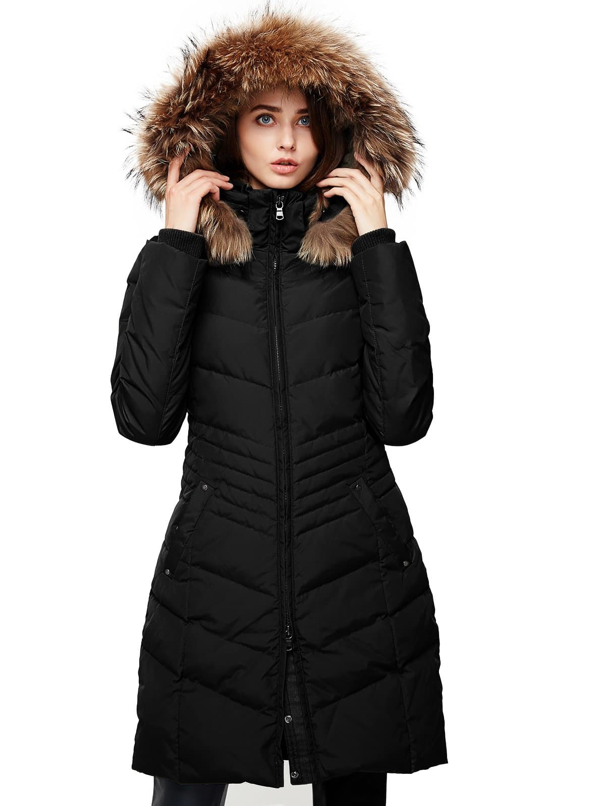Escalier Women's Down Coat Winter Parka Jacket with Raccoon Fur Hooded Black S