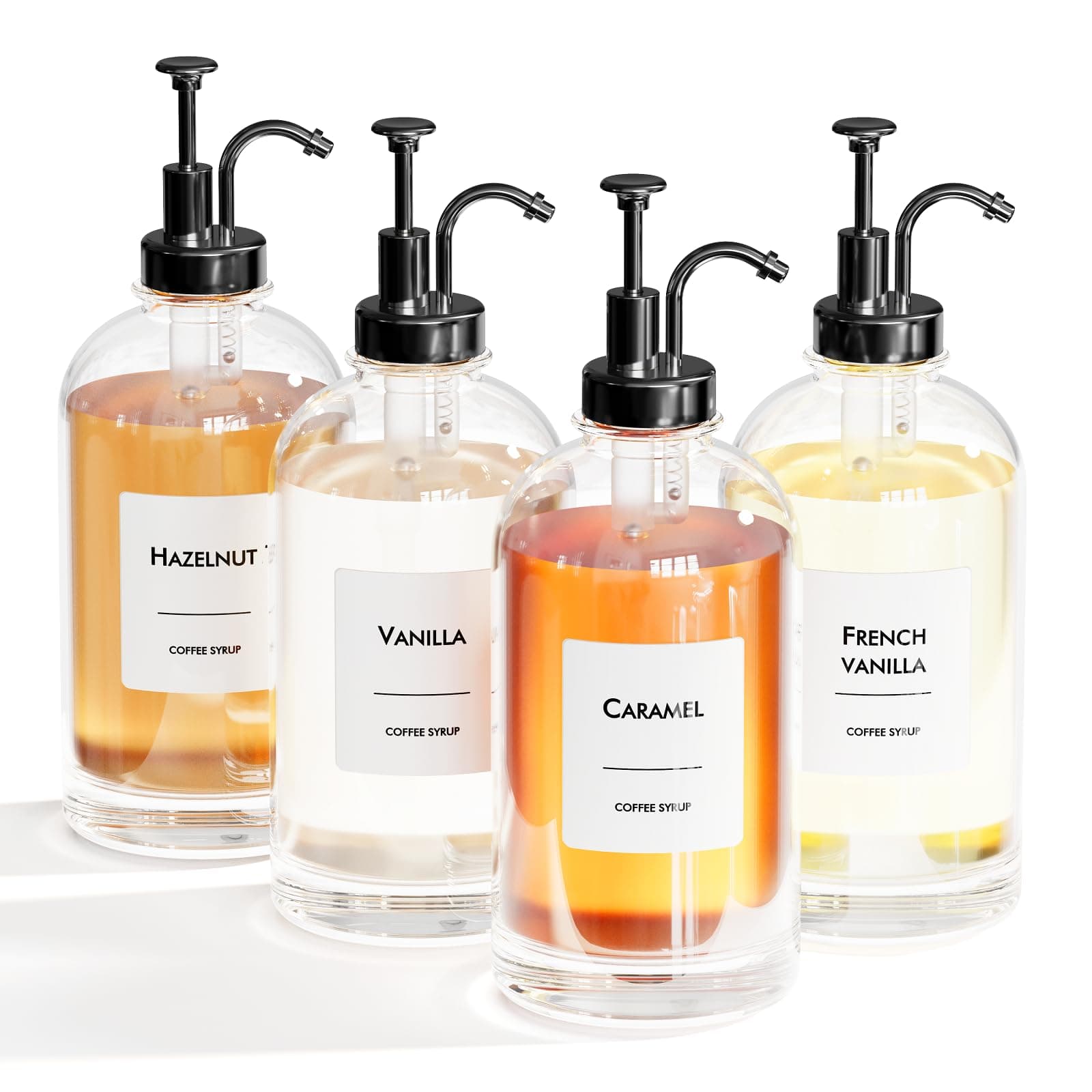 Coffee Syrup Dispenser Set - 4 Glass Bottles with Black Pump and Syrup Label - Accurate Dispenser and Stylish Addition to Coffee Shops, Cafes and Home Bars