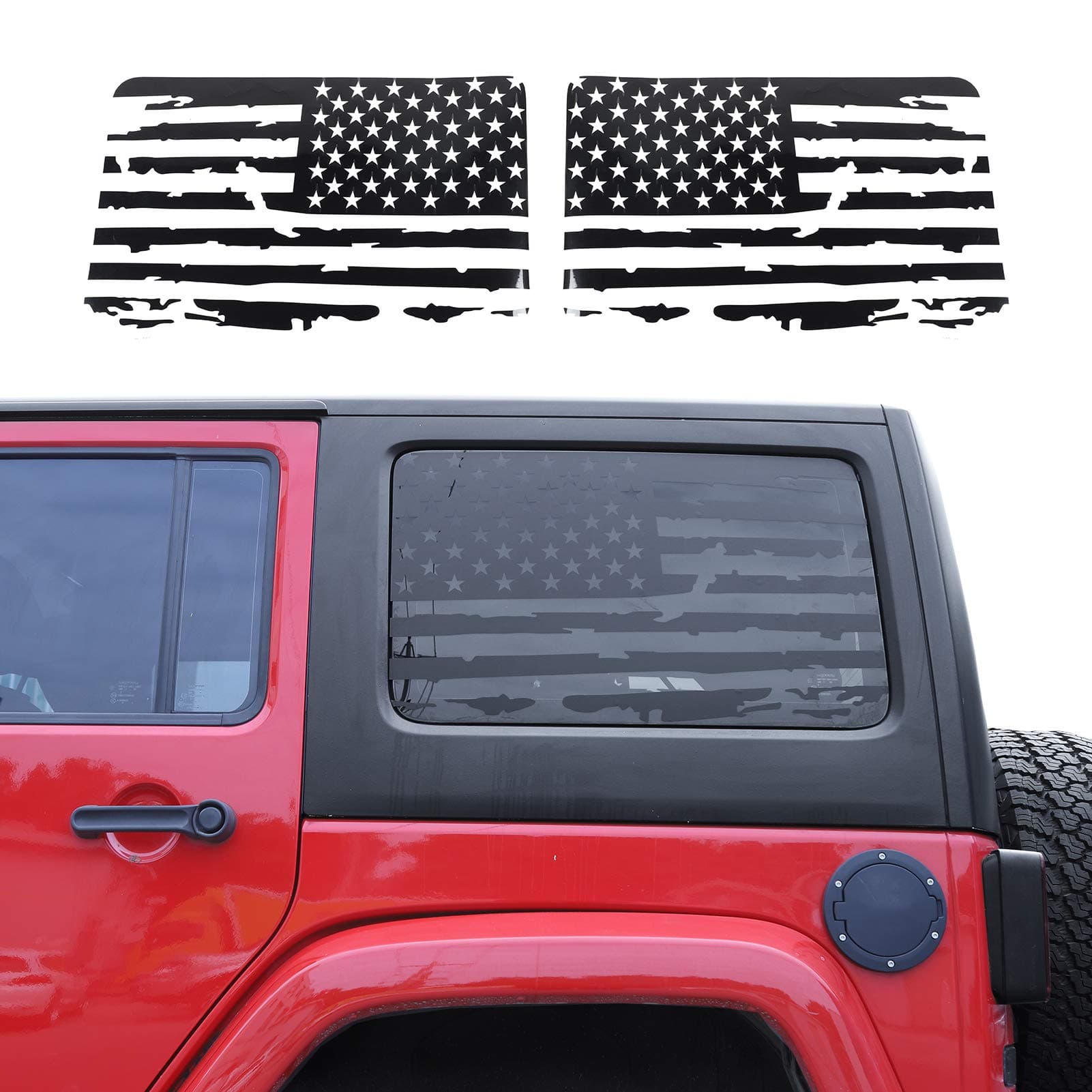 JeCar Hardtop Window USA Distressed Flag Decals Vinyl American Flag Stickers for Jeep Wrangler 2011-2018 JKU 4 Door, 1 Pair