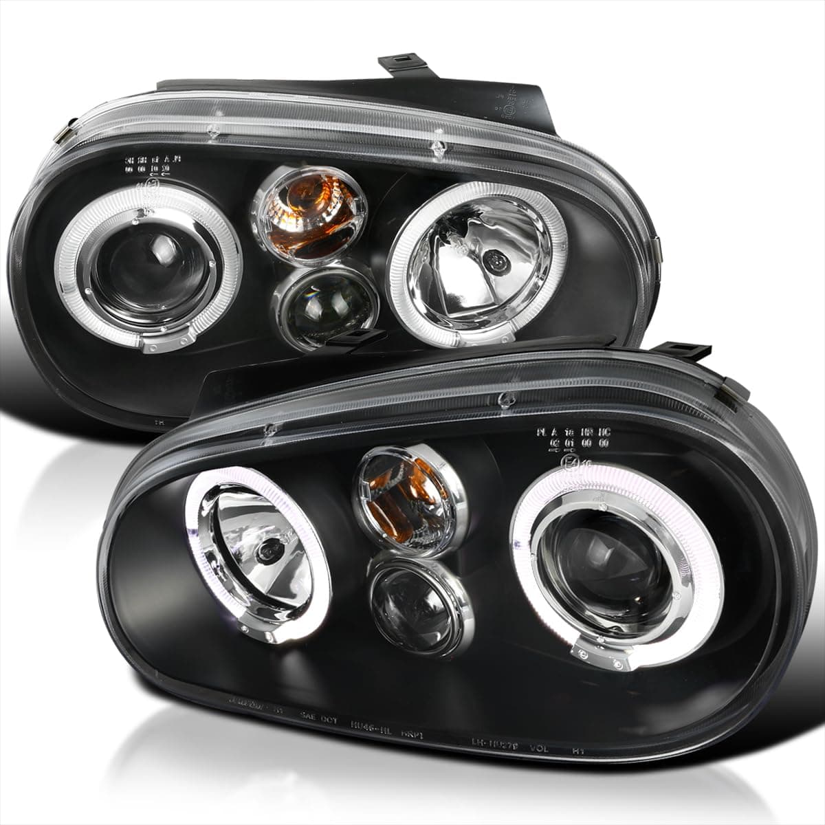 Black Dual Halo Projector Headlights Compatible with 1999-2006 Volkswagen Golf, Golf GTI VW MK4 Left + Right Pair Headlamps Assembly