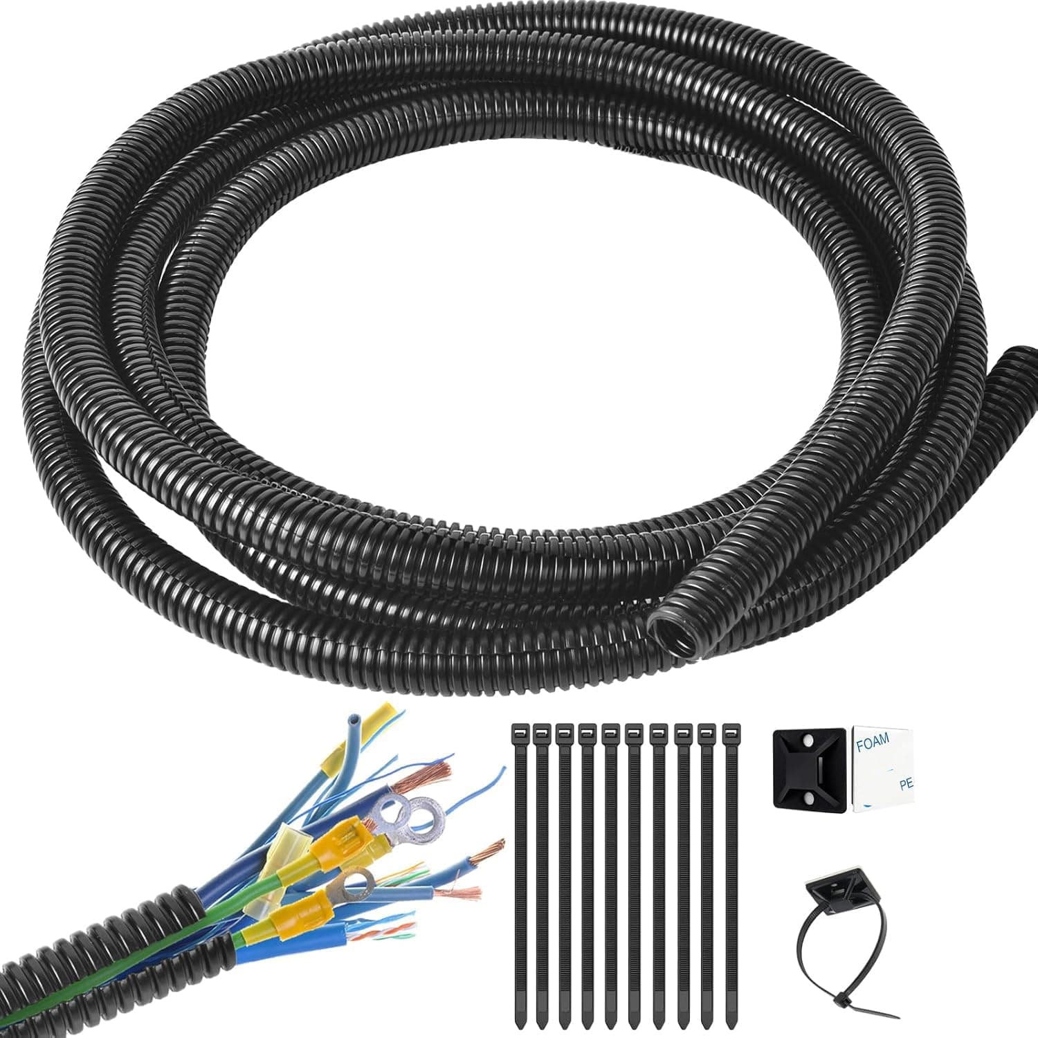 ALLWIN 1/4 Inch Wire Loom Split Tubing - 30 ft Cord Protector Electric Wires Covers, Automotive Wire Flexible Conduit, Plastic Wire Cover with Cable Zip Tie (1/4"-30ft)