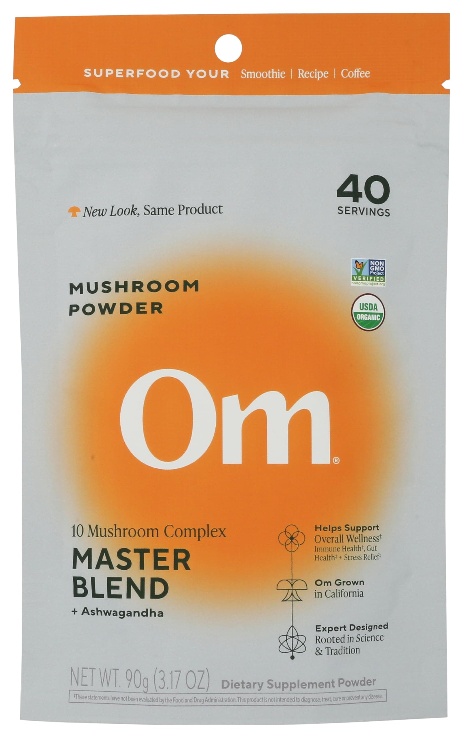 Om Master Blend Mushroom Powder – Organic Mushroom Supplement with 10 Mushrooms and Ashwagandha - Support Immunity, Gut Health & Stress Relief, 3.17 oz (40 Servings)