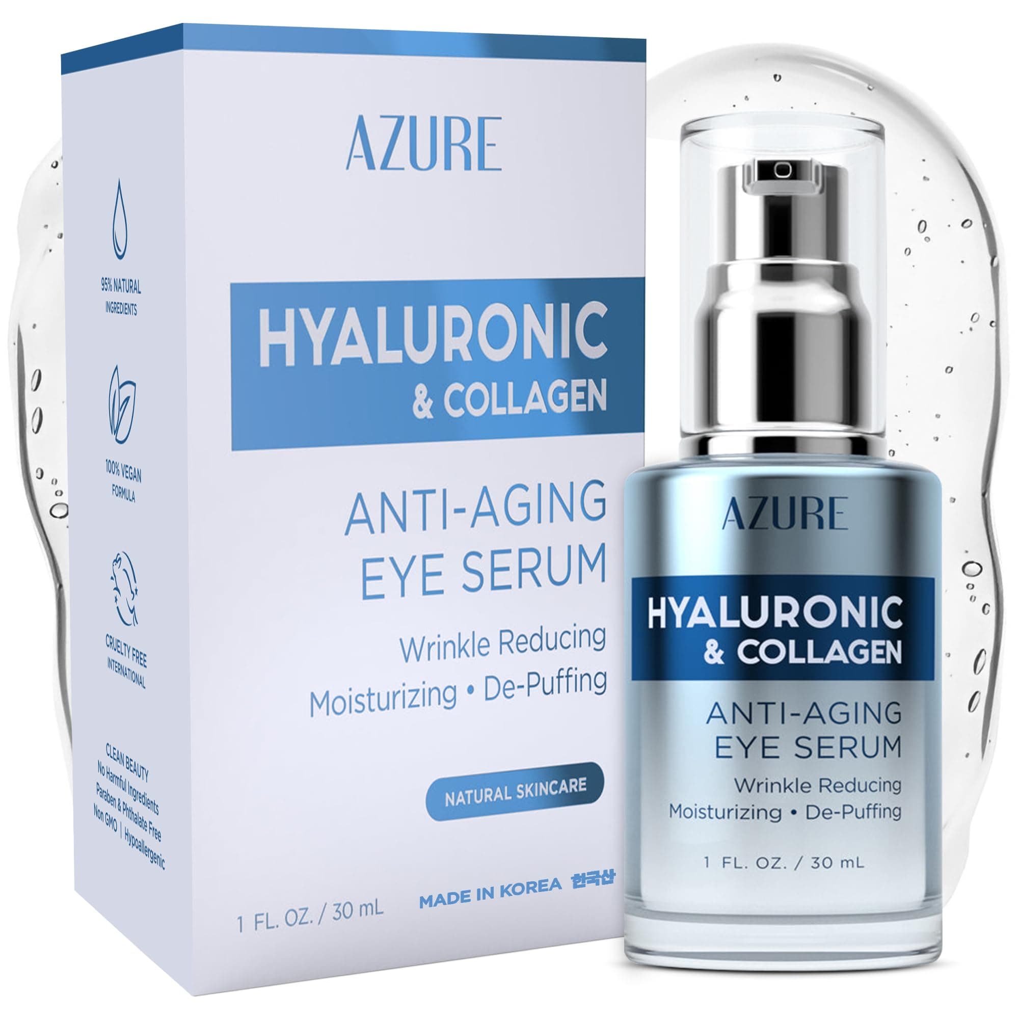 AZURE Hyaluronic & Collagen Anti Aging Eye Serum - Moisturizing, Replenishing & De-Puffing | Reduces Wrinkles, Fine Lines & Under Eye Bags | Locks In Moisture Hydrating Skin | Made in Korea - 30mL