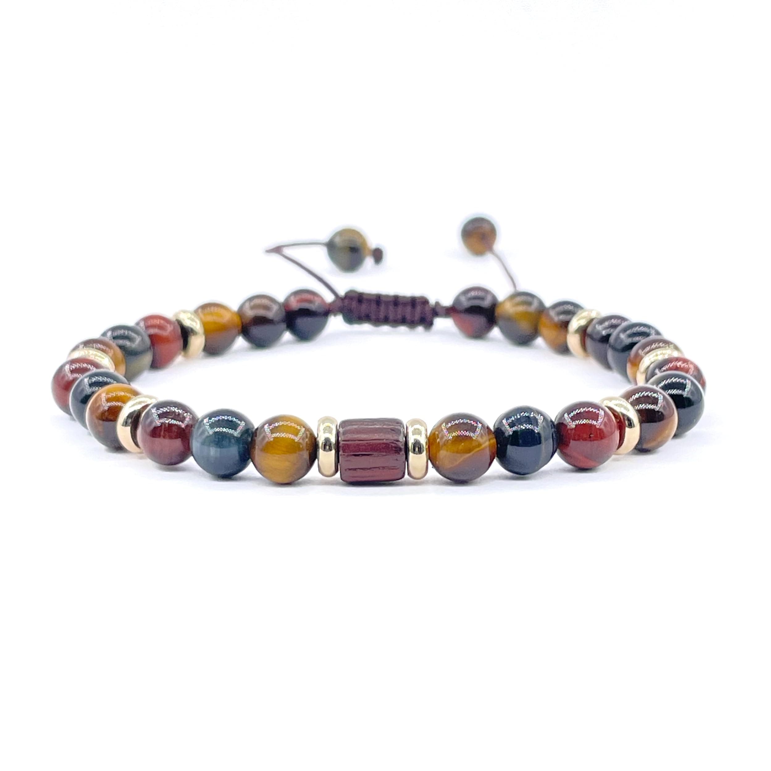 Handmade Men's Bracelet with Three-Tone Tiger Eye Stones - Adjustable Sliding Knot Closure