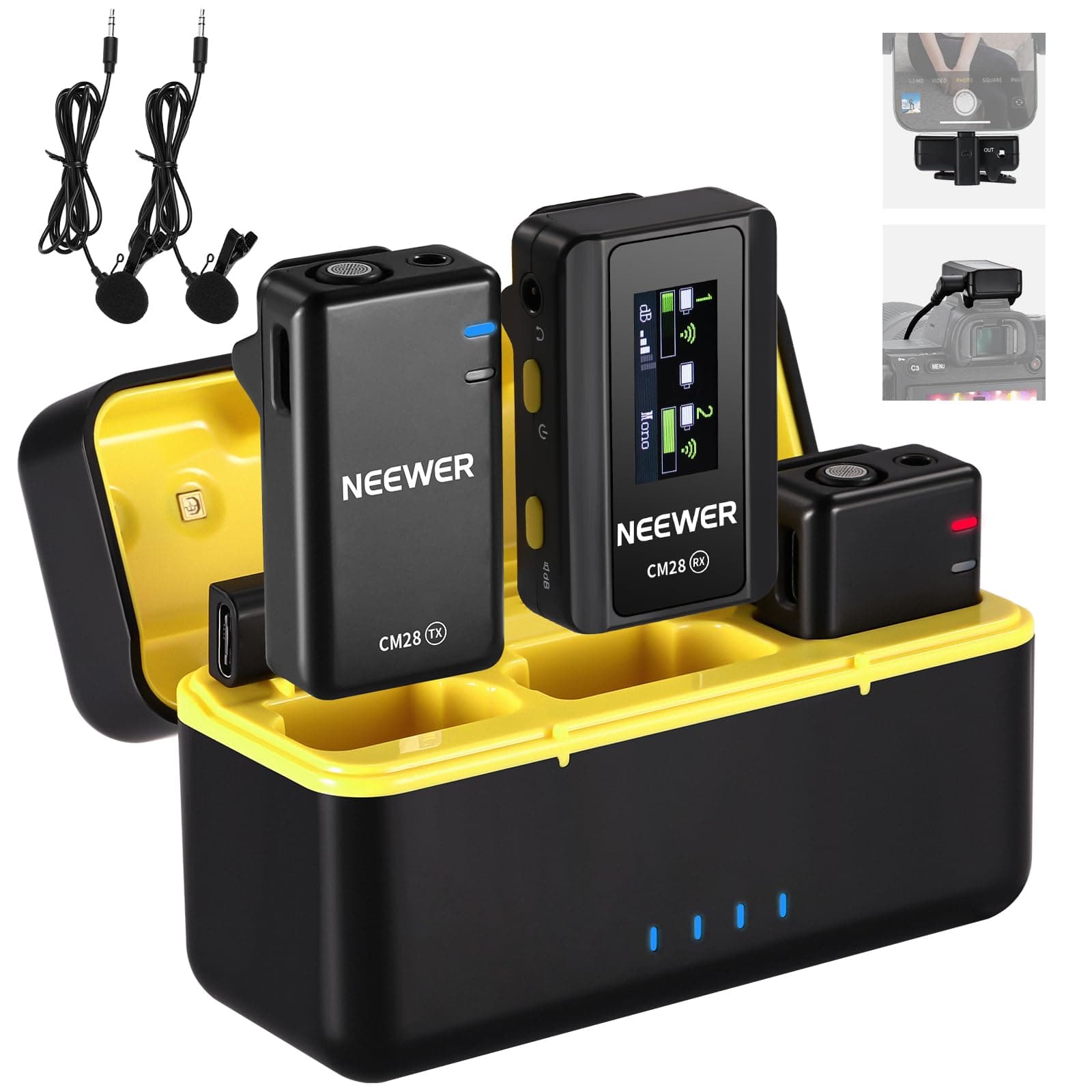 NEEWER CM28 Wireless Lavalier Microphone System with Charging Case, 2 Mic Clips, 1 Click Noise Canceling, 4GB Storage, 9H Playtime, Lavalier Lapel Mic Compatible with iPhone/Android/PC/Camera