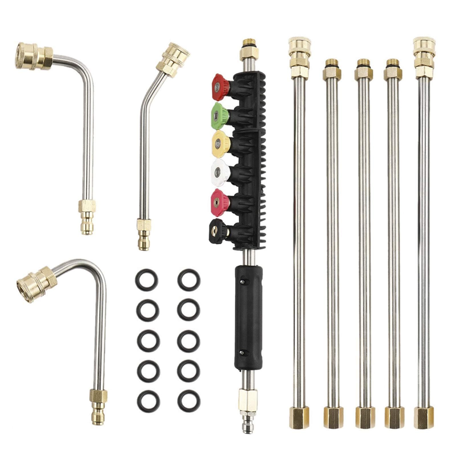 Yaegoo Pressure Washer Extension Wand Set, Replacable Upgraded Power Washer Lance with 6 Spray Nozzle Tips, 30°,90°,120° Curved Rod, 1/4’’Quick Connect, 10 Replacable Anti-Leaked Ring 4000 PSI