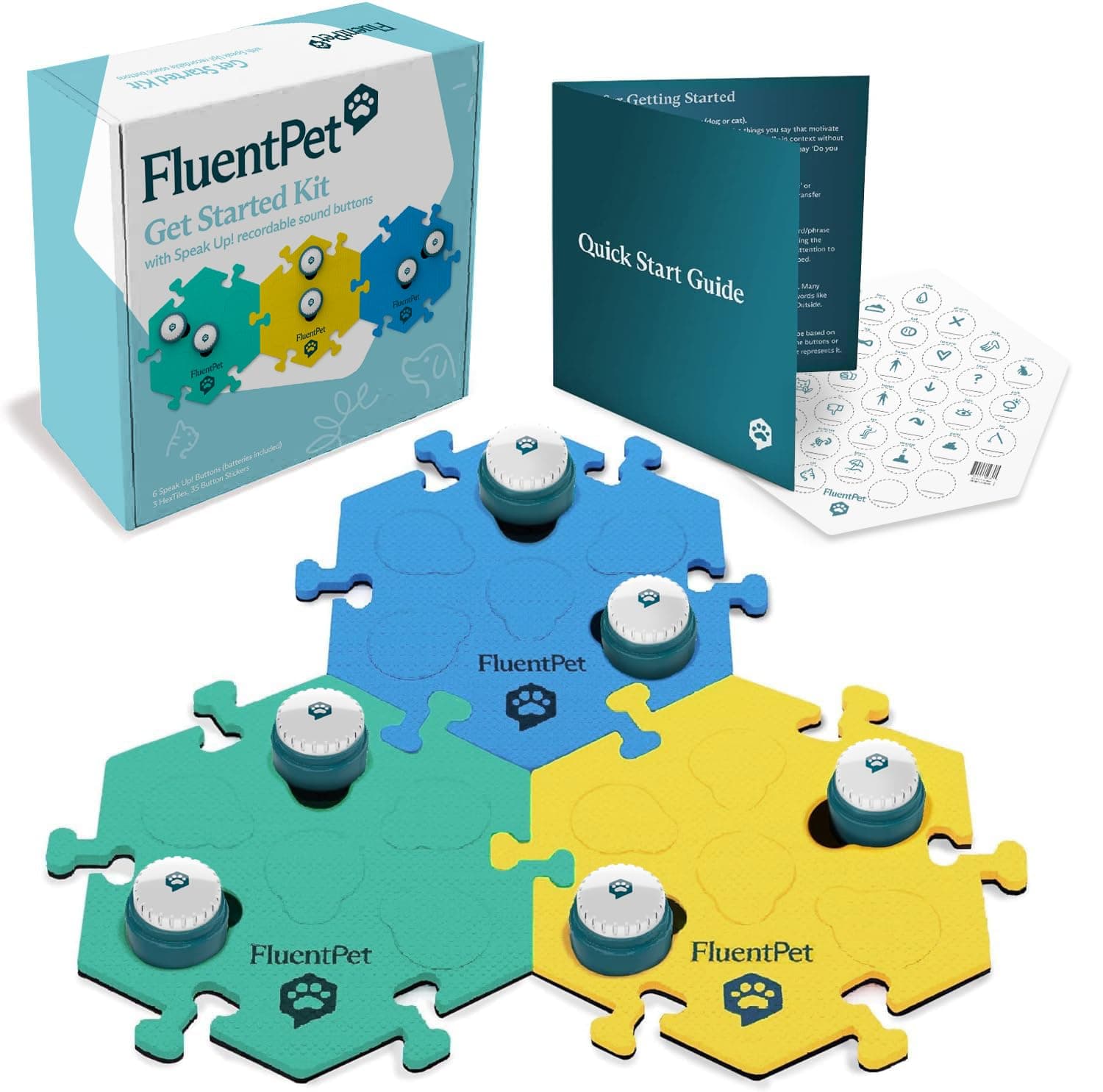 FluentPet Speak Up! Get Started Kit, 6 Recordable Buttons with Pre-Installed Batteries, 3 HexTile Mats, Pet Communication Training Device, 1.9x1.1 cm (6 Buttons + 3 HexTiles (Bold))