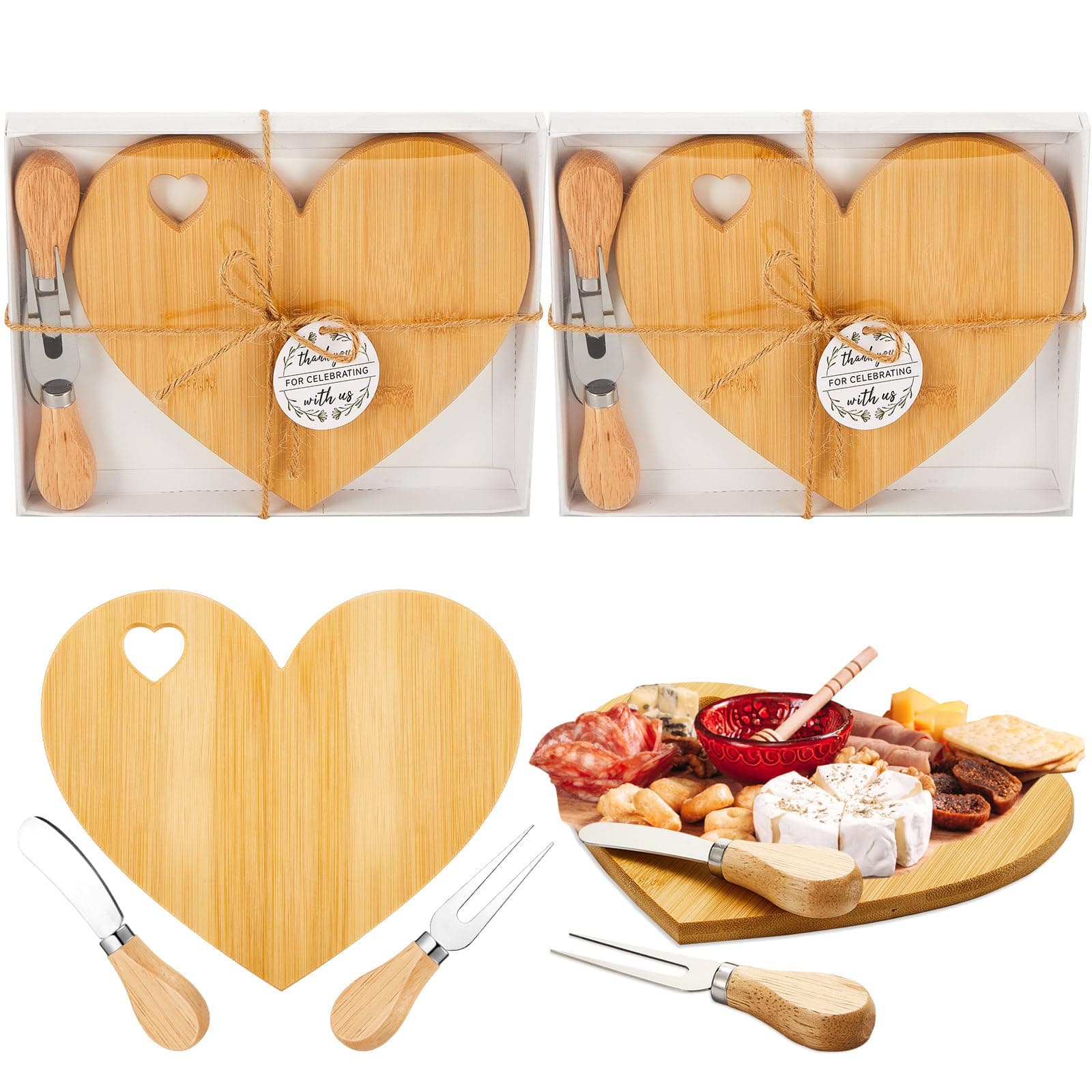 Patelai 2 Set Bridal Baby Shower Favor Heart Cheese Board with Knife, Wood Mini Charcuterie Board Thank You Gift Box for Guest Bridal Baby Shower Prize Wedding Valentines Birthday (Bamboo Color)