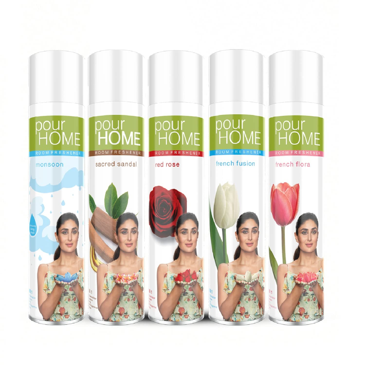 POUR HOME Monsoon, Sandal,Rose, Fusion,Flora Spray Room Freshener Spray - 270ML Each (Combo of 5) | Reduces Odours - Suitable for Home & Office