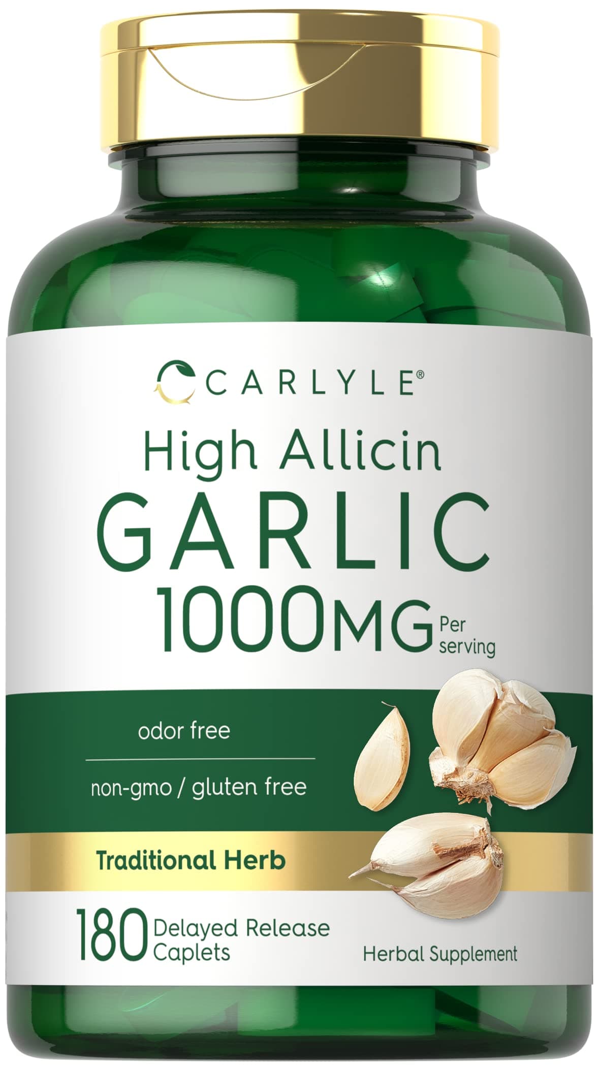 High Allicin Garlic Supplement | 180 Caplets | Odorless Garlic Pills | Vegetarian, Non-GMO, Gluten Free |