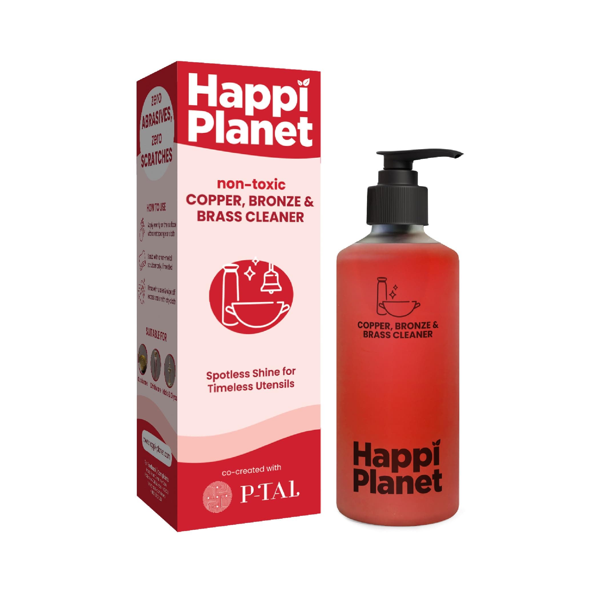 Happi Planet Copper, Bronze & Brass Cleaner | 300 Ml | zero Abrasives, zero Scratches | Non-Toxic, Plant Based | Suitable for Drinkware, Cookware, Idols & Diyas | Co- Created with P-TAL
