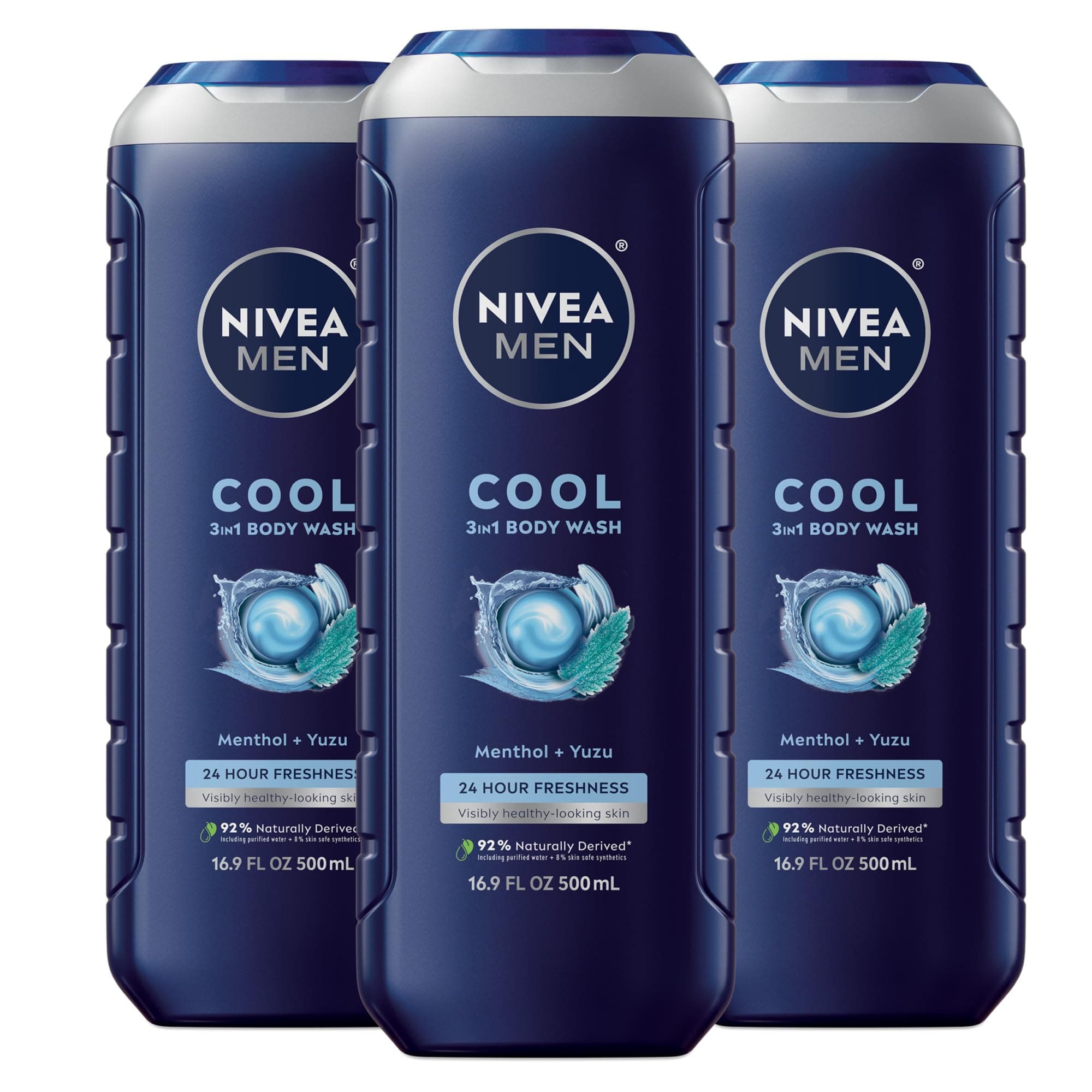 NIVEA MEN Cool Body Wash, Icy Menthol and Yuzu Scent, 3-in-1 Men's Body Wash, Face and Hair, Paraben Free, pH-Skin Friendly, 16.9 Fl Oz Bottle, Pack of 3