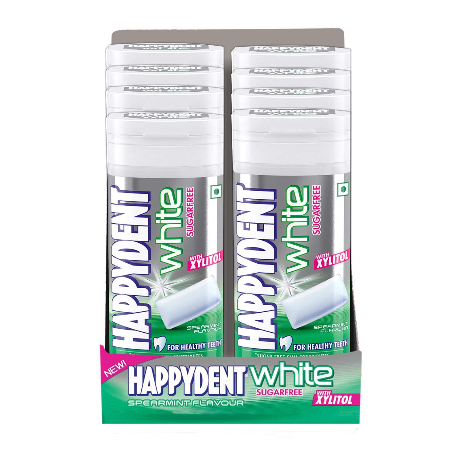 Happydent White, Xylitol Sugarfree Spearmint Flavour,Chewing Gum Bottle Pack,of 8 193.6 G NET Weight 24.2 G Each