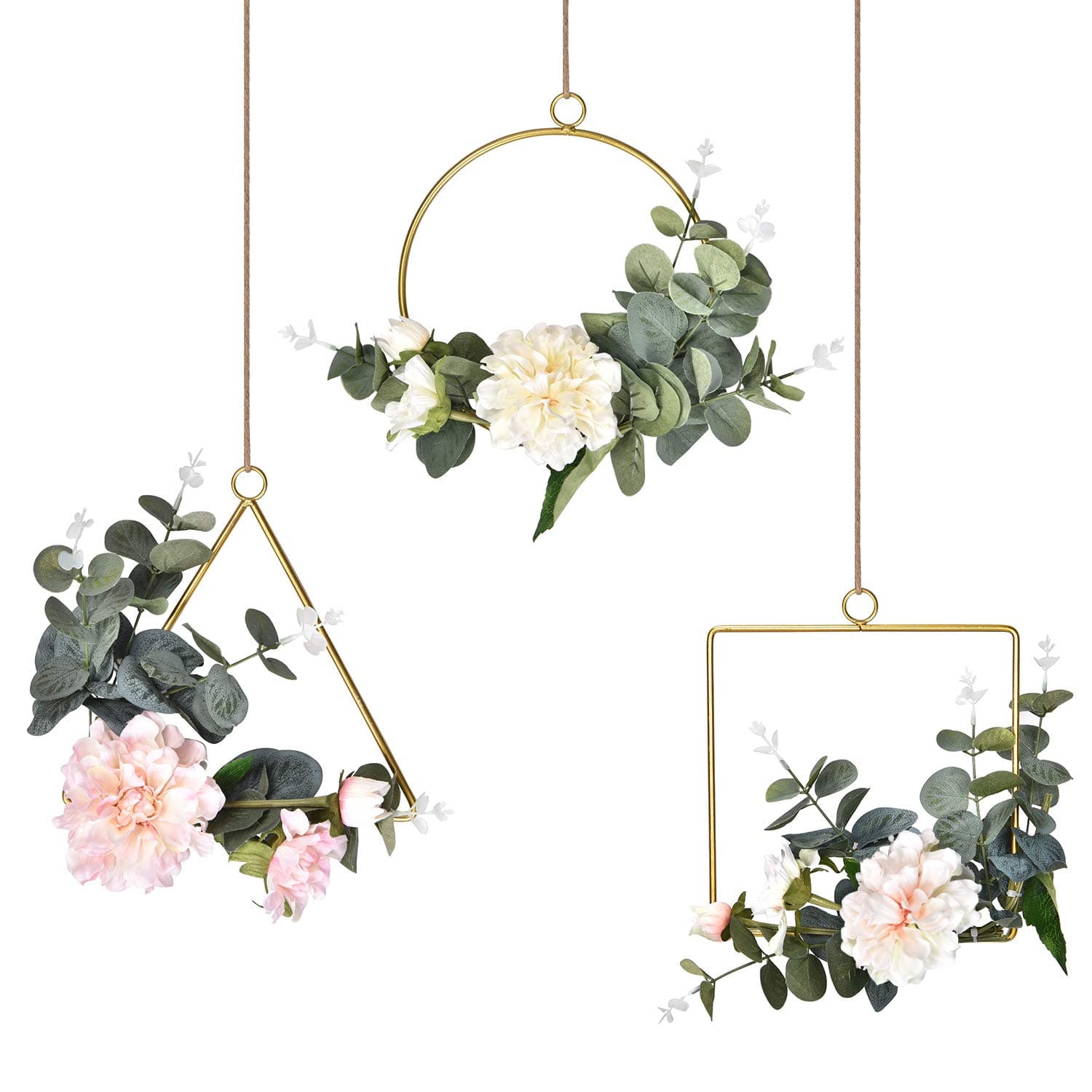 Dolicer Floral Hoop Wreath, Geometric Wire Round Triangle Square Hoop Frame of Artificial Peony Flower and Eucalyptus Vine Wreath for Wedding Backdrop Wall Garden Balcony Home Decor, 3 Pcs, White…