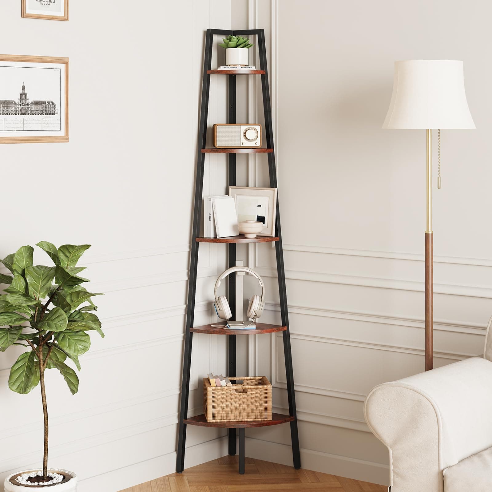 Yoobure Corner Shelf, 5-Tier Corner Bookshelf with Metal Frame & Wood Ladder Shelves - Display Shelf & Tall Bookcase, Plant Stand for Home Decor - Bedroom, Living Room, Office