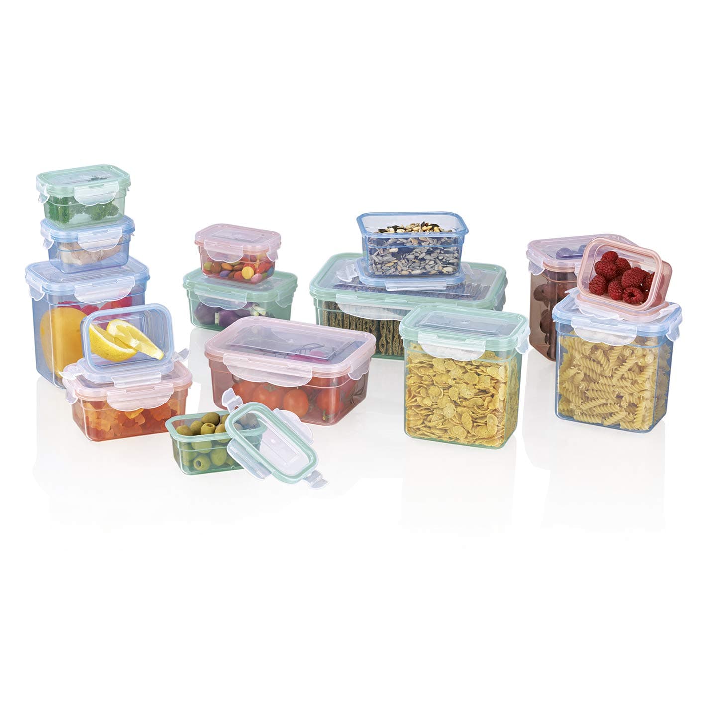GOURMETmaxx Klick-it Food Storage Containers, Rosa Blau Mint, 6x0,2L / 3x0,45L / 4x1L / 1x1,1L / 1x2,1L