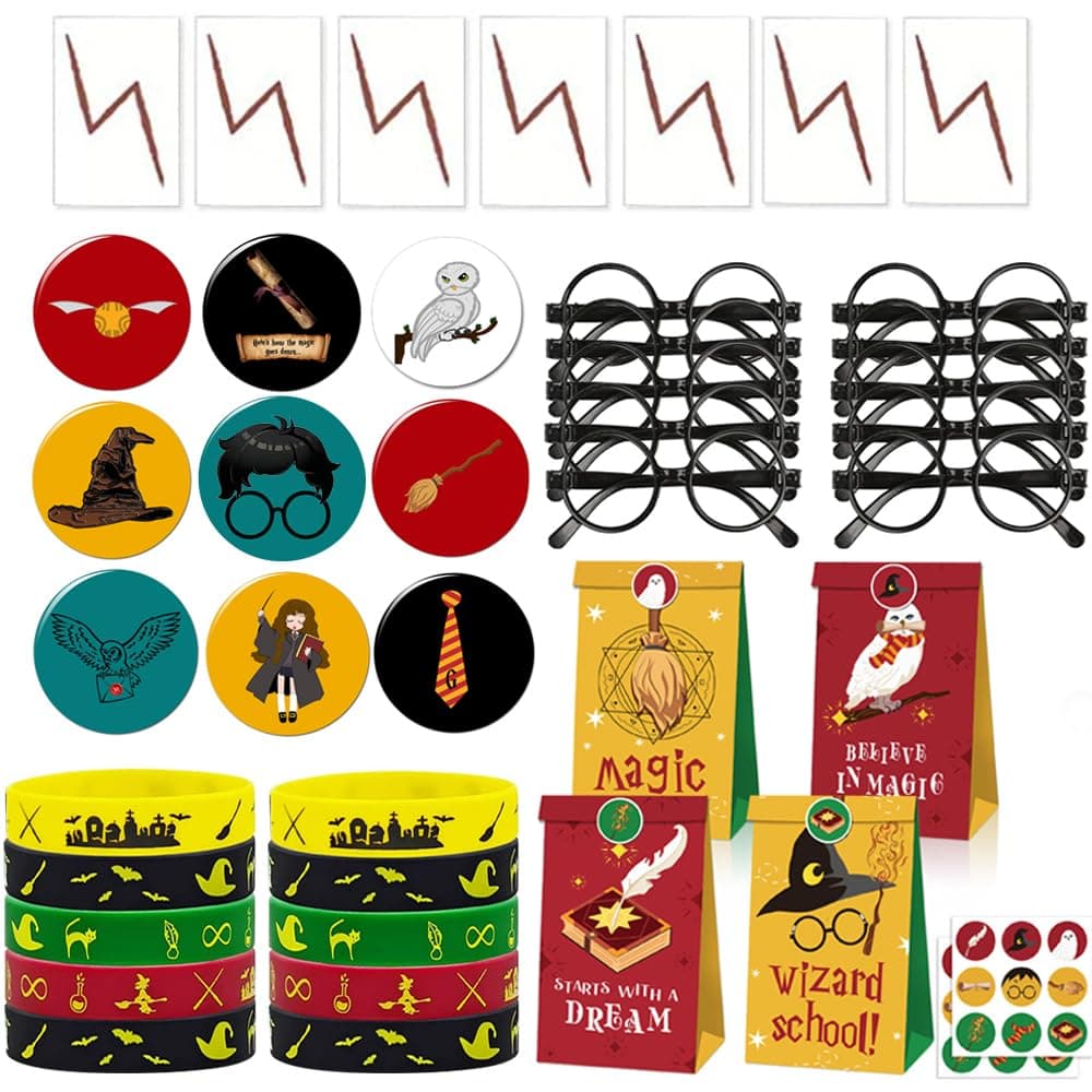 Wizard Harry Party Supplies Favors Gifts - Bag Fillers Include Button Pins, Glasses, Silicone Wristbands, Lightning Tattoos, Gift Bags With Stickers