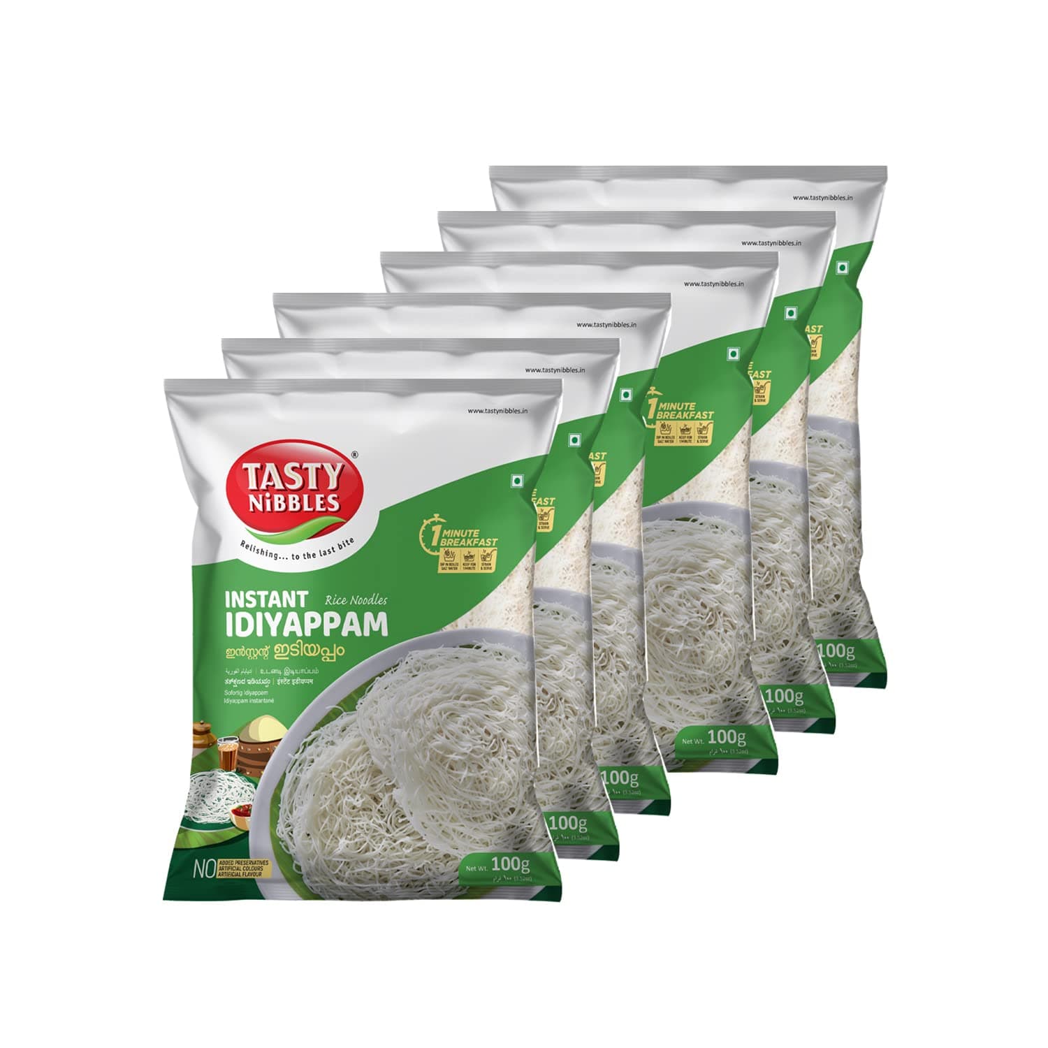 Tasty Nibbles Instant Idiyappam 100Gm X 6 (Pack of 6) | Rice Noodles | 1 Minute South Indian Breakfast | Quick & Easy Soft Idiyappam | String Hopper | Indiappa | Noolappam | Ottu Shavige - Vegetarian