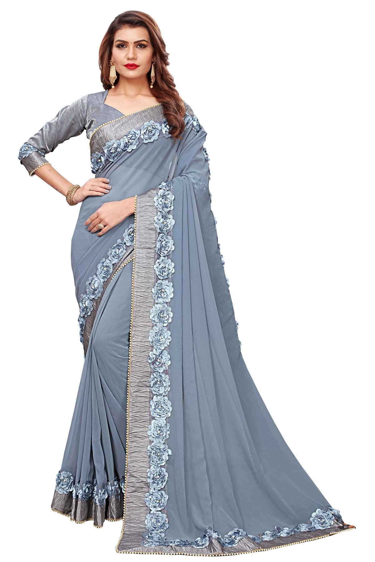 FAB DADUWomen's Georgette Ribbin Gotta Patti Embroidered Saree With Blouse Piece Saree (SR-10029-Free Size)