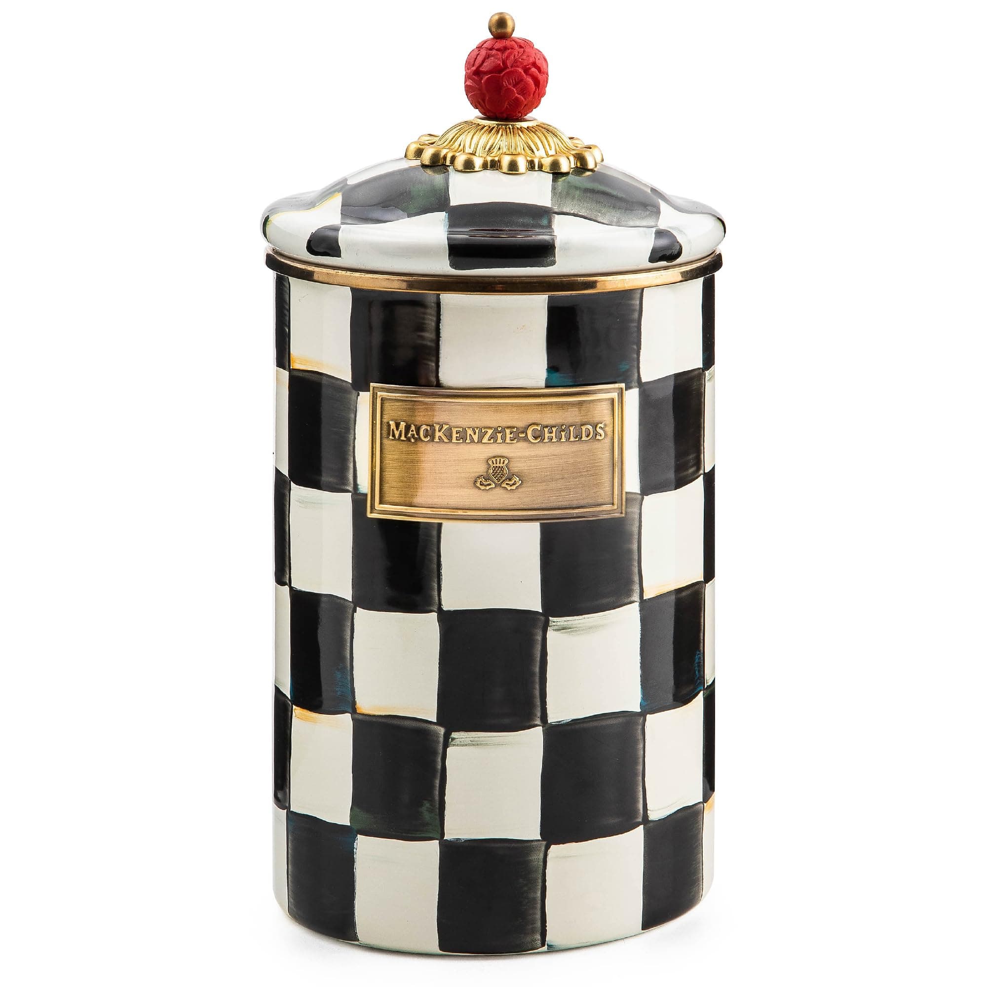 MACKENZIE-CHILDS Large Enamel Canister, Flour and Sugar Kitchen Storage Container, 1.89 Liter, Black and White Coat Check