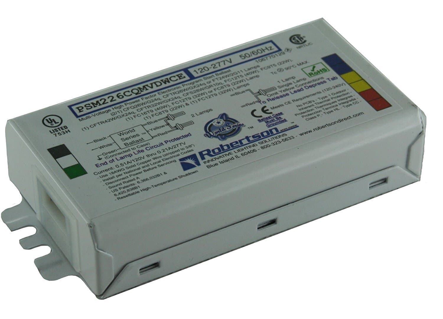 Robertson PSM226CQMVDWCE CFL Ballast (3P20145) – 1 or 2 Lamp 26W Compact Fluorescent Electronic Ballast, 120–277V, Programmed Start for CFQ26W/G24q lamps. Supports CFL lamps from 22W to 42W (Qty 1 ea)